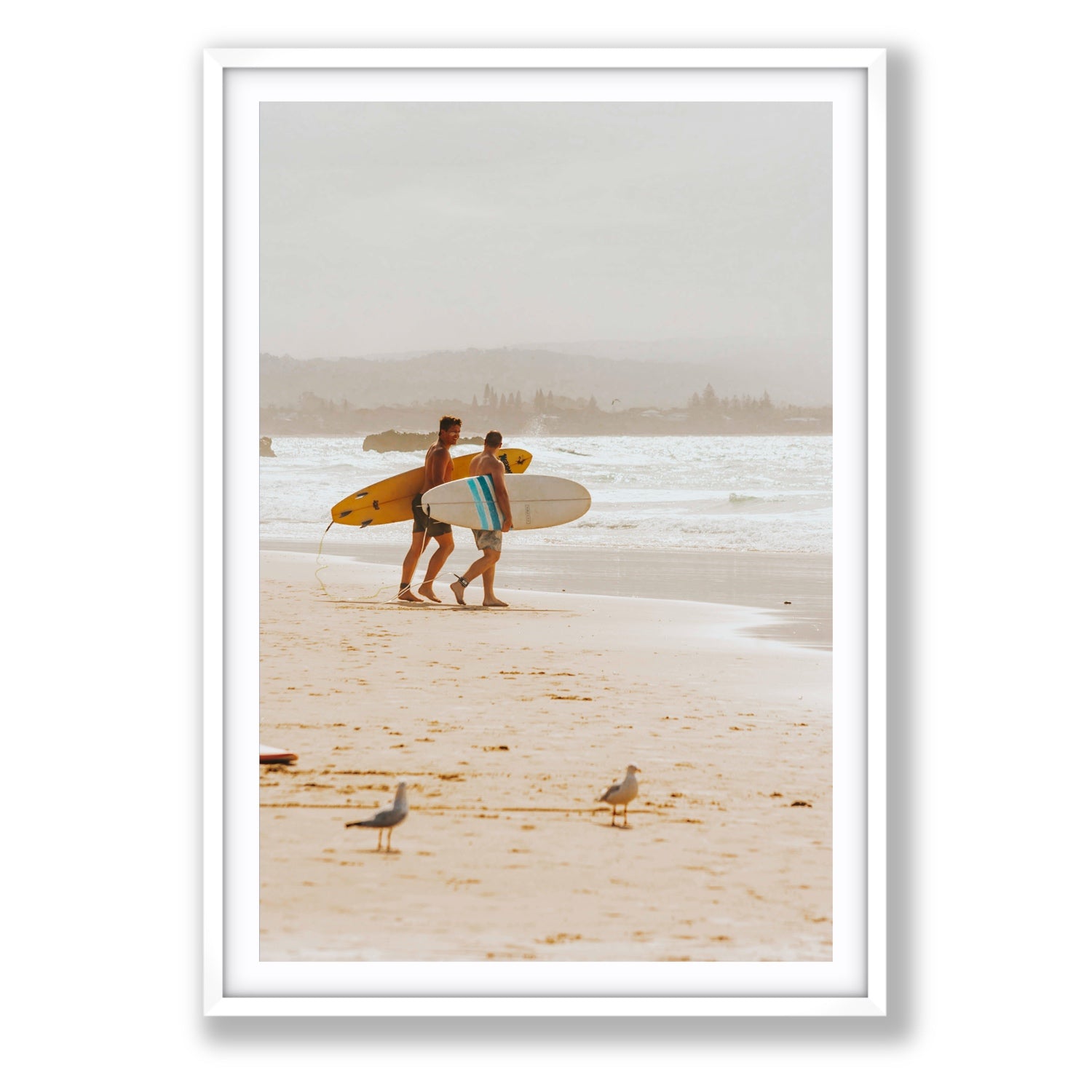Shane & Benji Byron Bay Surf coastal wall art Statement fine art print in white frame with matboard