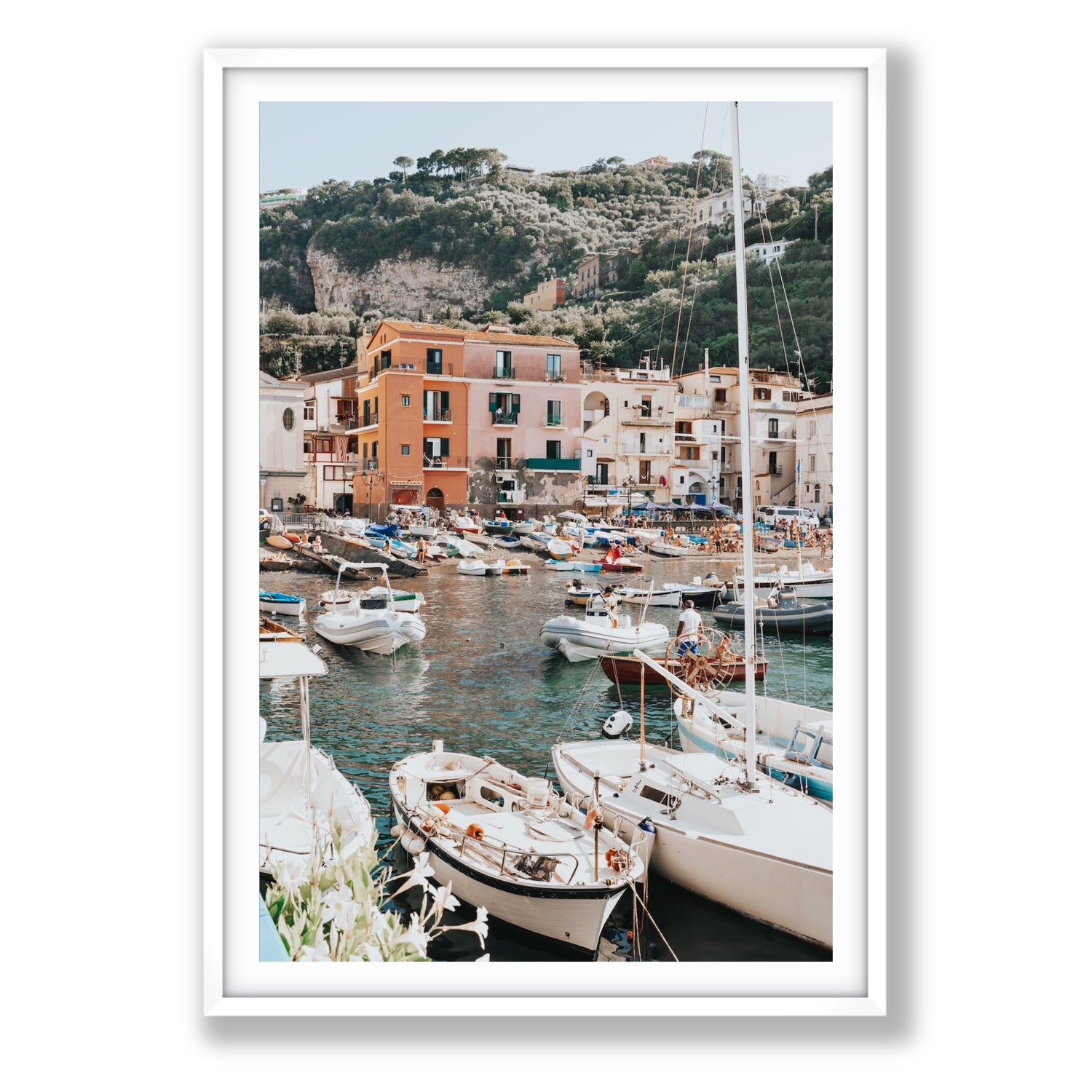 Marina Grande Sorrento coastal Italian wall art Statement fine art print in white frame with matboard