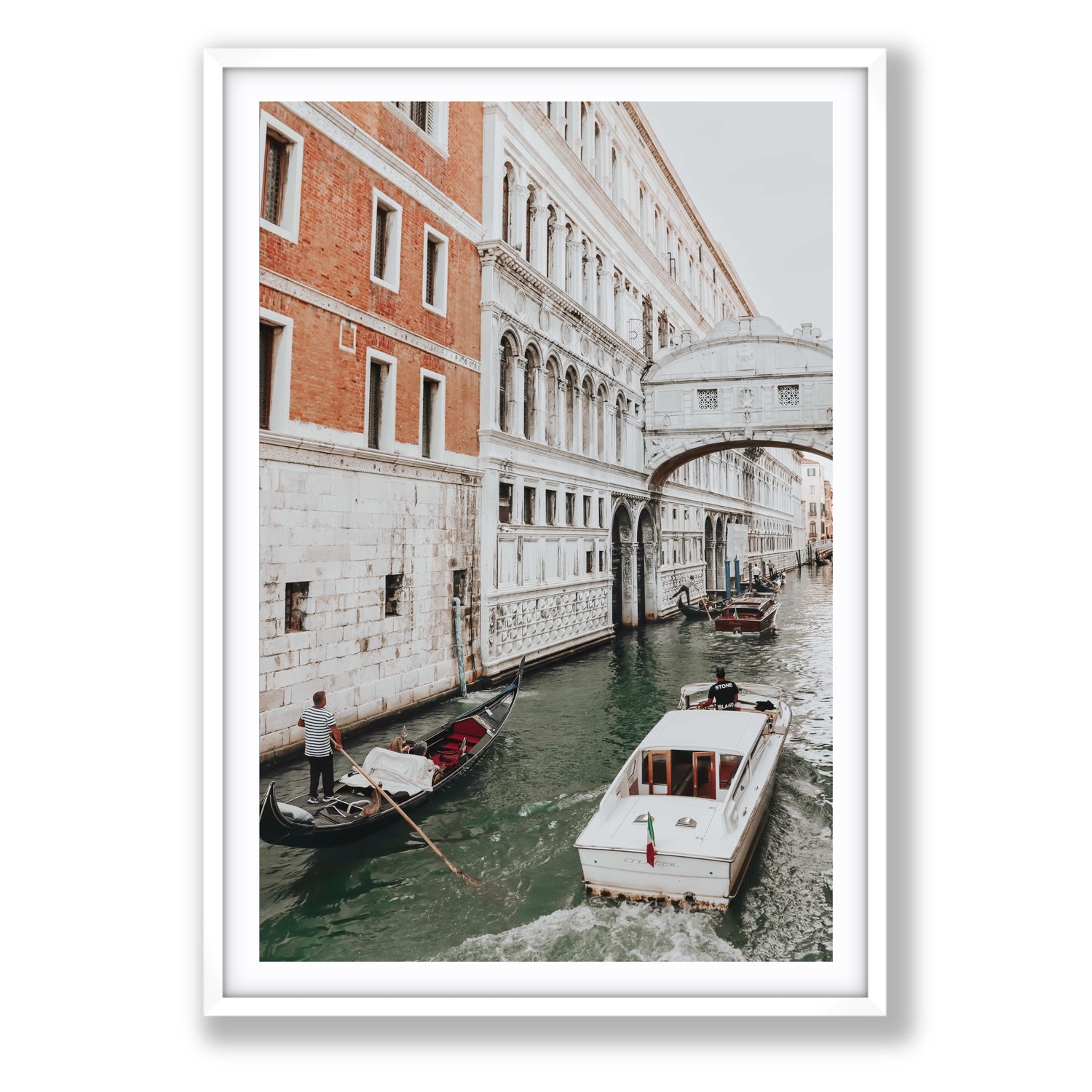 Under the Bridge Venice Gondola Italian wall art Statement fine art print in white frame with matboard
