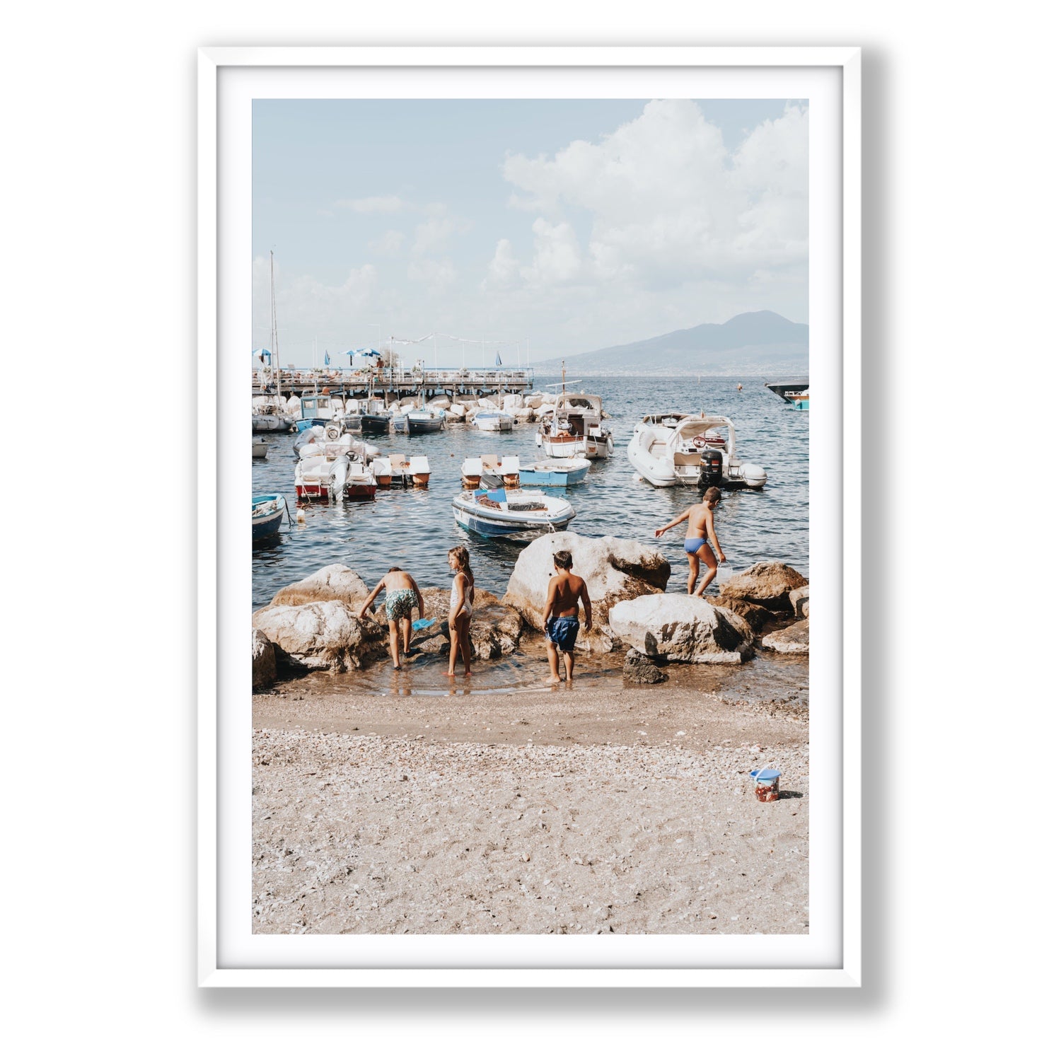 Searching For Treasures Sorrento coastal wall art Statement fine art print in white frame with matboard