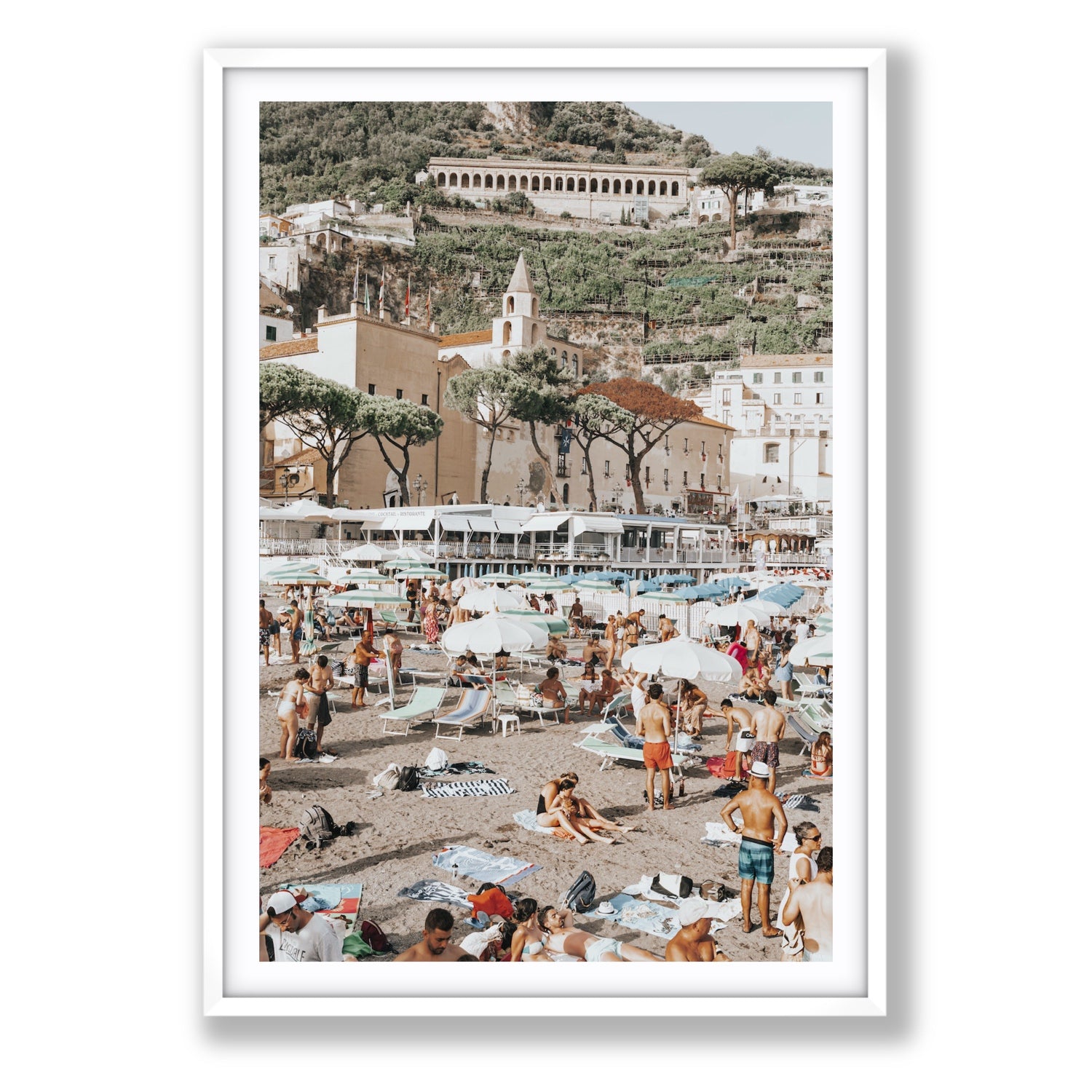 Festa In Spiaggia Amalfi coastal wall art Statement fine art print in white frame with matboard