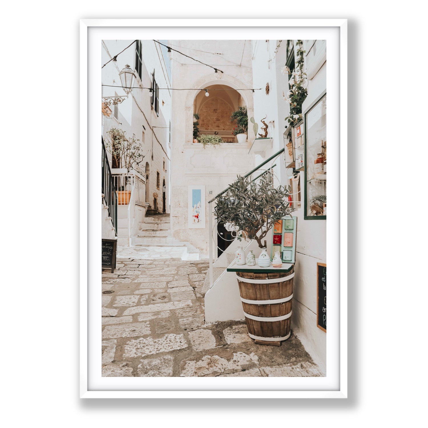Olive Tree Lane Puglia Ostuni Mediterranean decor wall art Statement fine art print in white frame with matboard