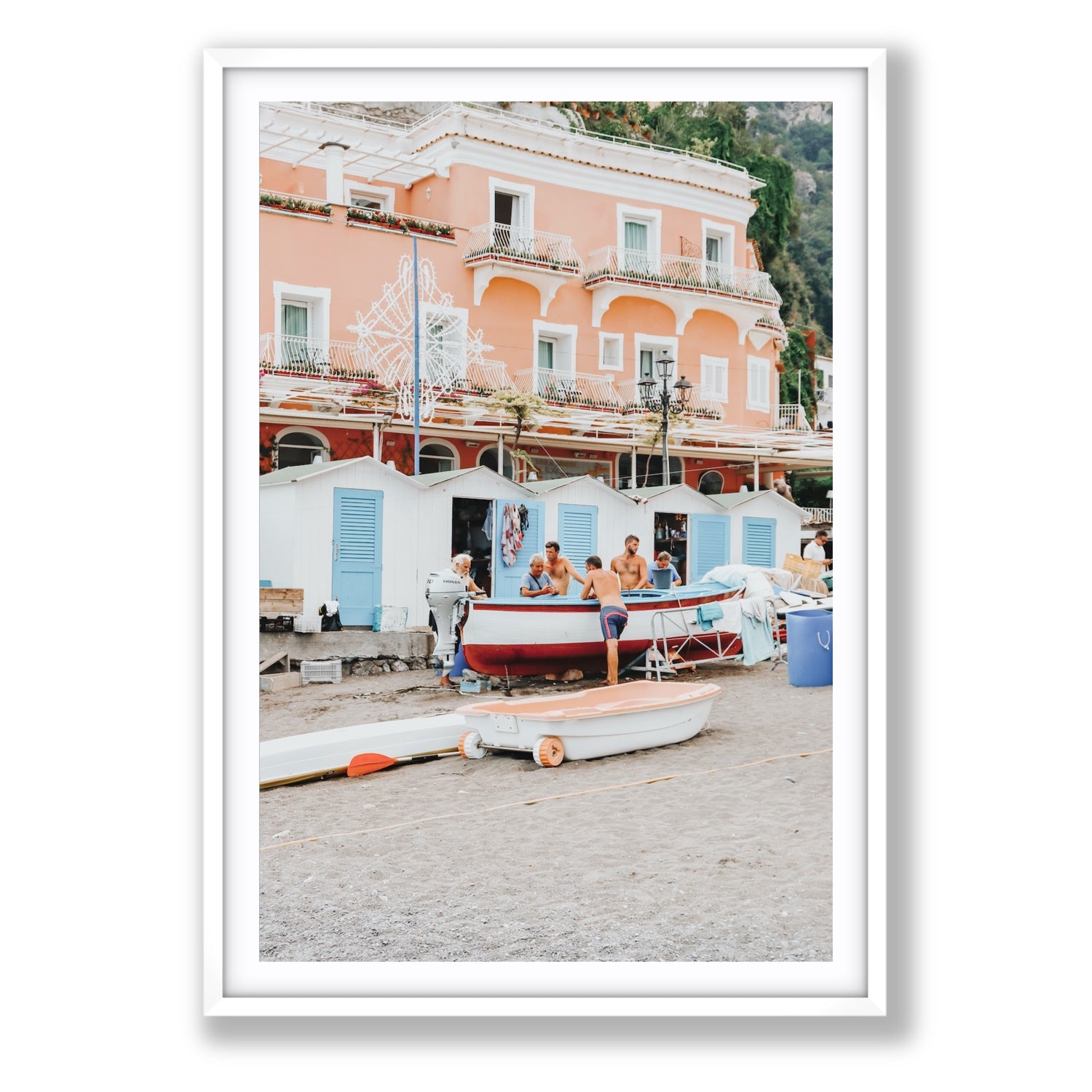 La Riunione della Mattina fine art print, Positano, Italy, Statement, White Frame · Matboard, Fine Art Print