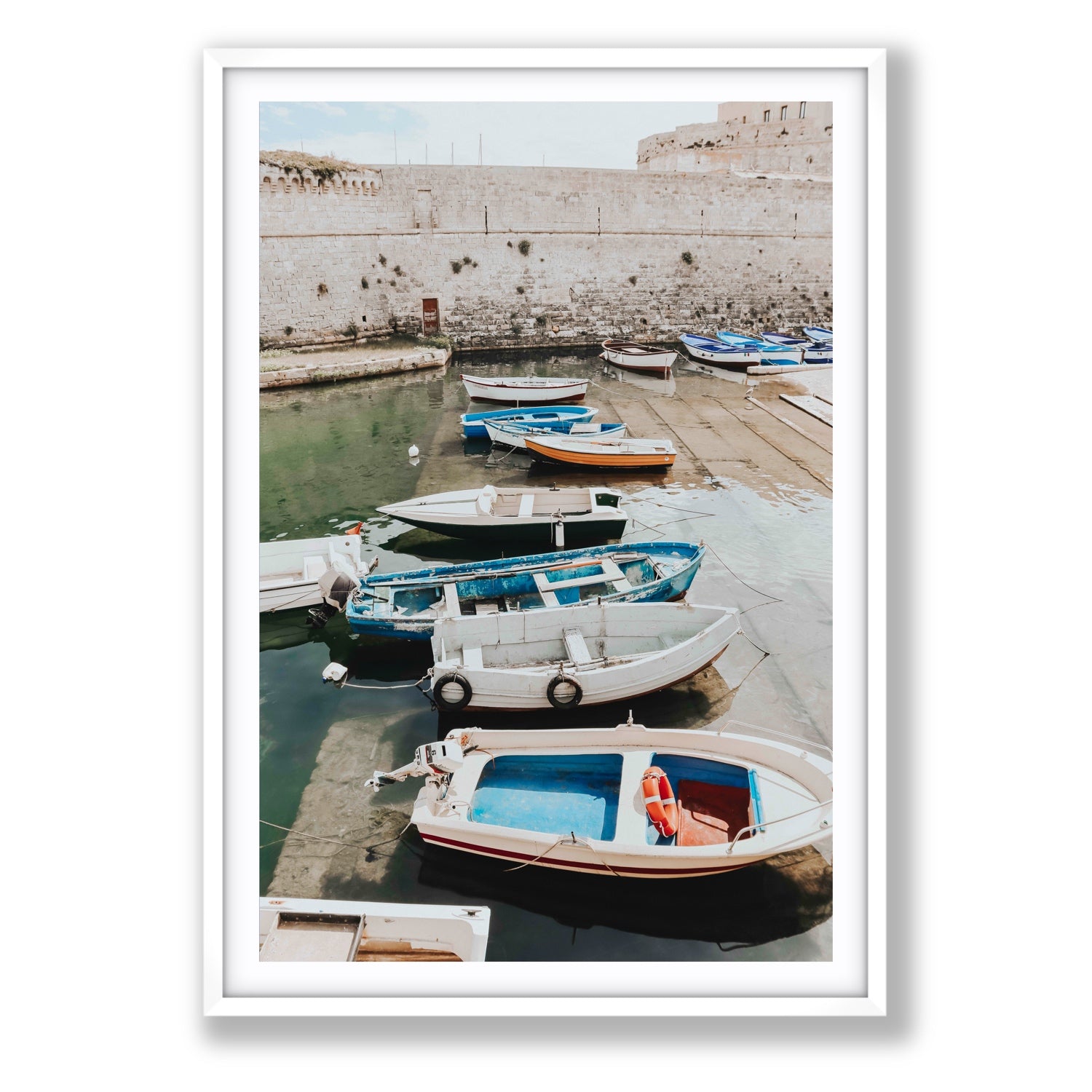 Harbour Palette Puglia coastal photography wall art Statement fine art print in white frame with matboard