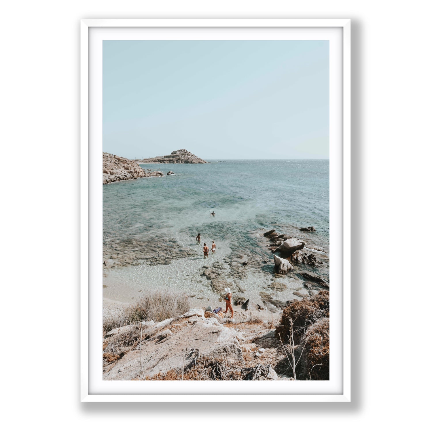 Explorers Mykonos Greek island wall art Statement fine art print in white frame with matboard
