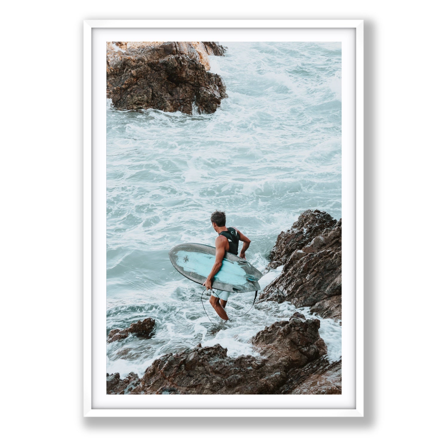 Into The Soup Byron Bay Surf coastal wall art Statement fine art print in white frame with matboard