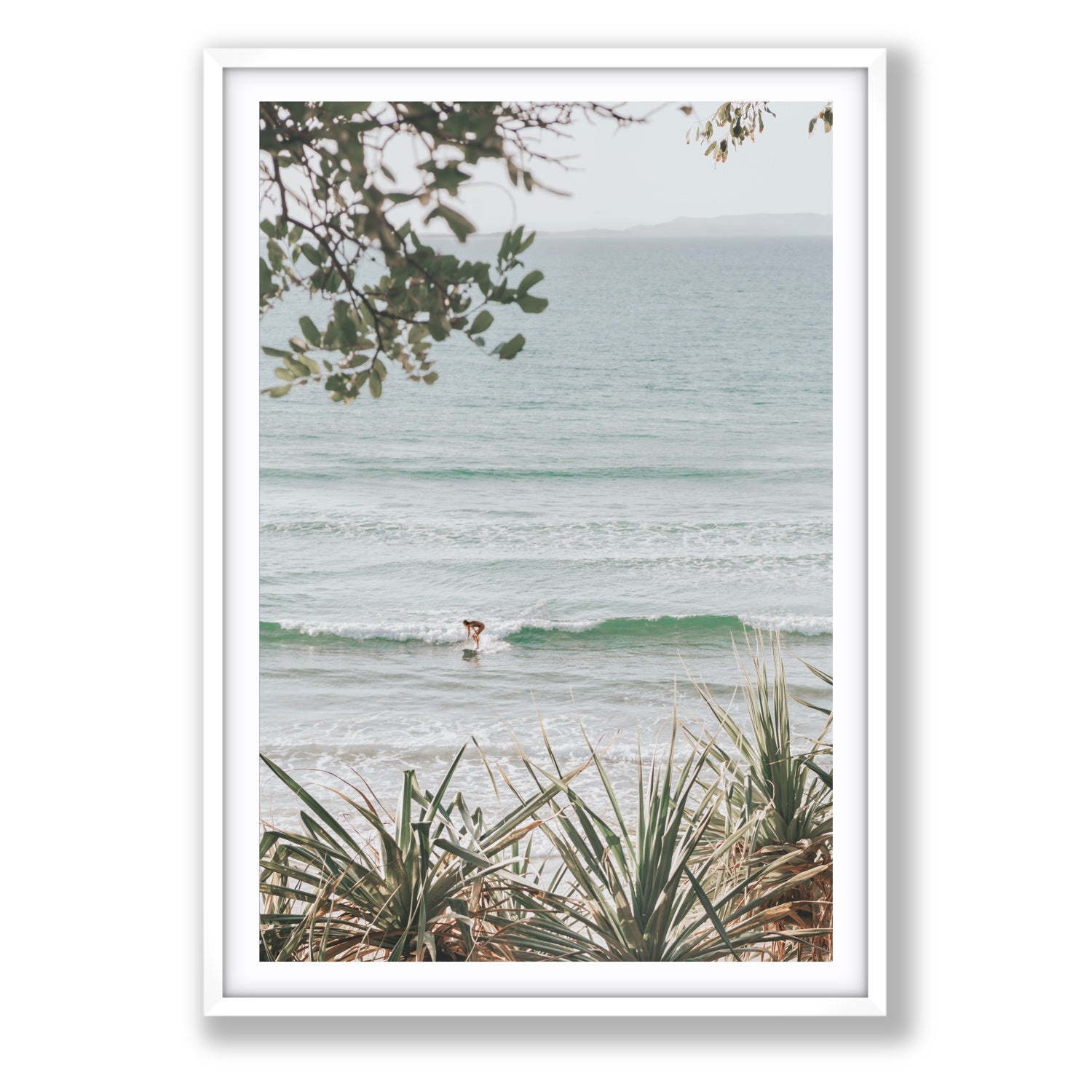 Dream Boat fine art print, Noosa, Australia, coastal scenes artwork, Statement, White Frame · Matboard, Fine Art Print