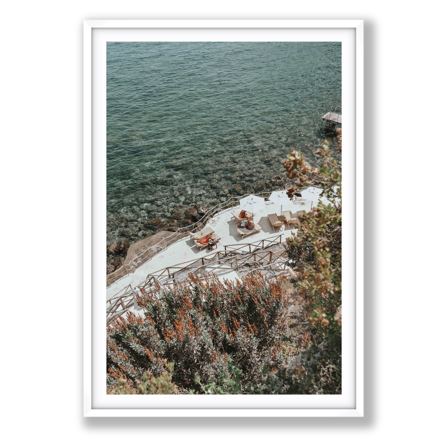 Hidden Gem Tuscany coastal wall art Statement fine art print in white frame with matboard