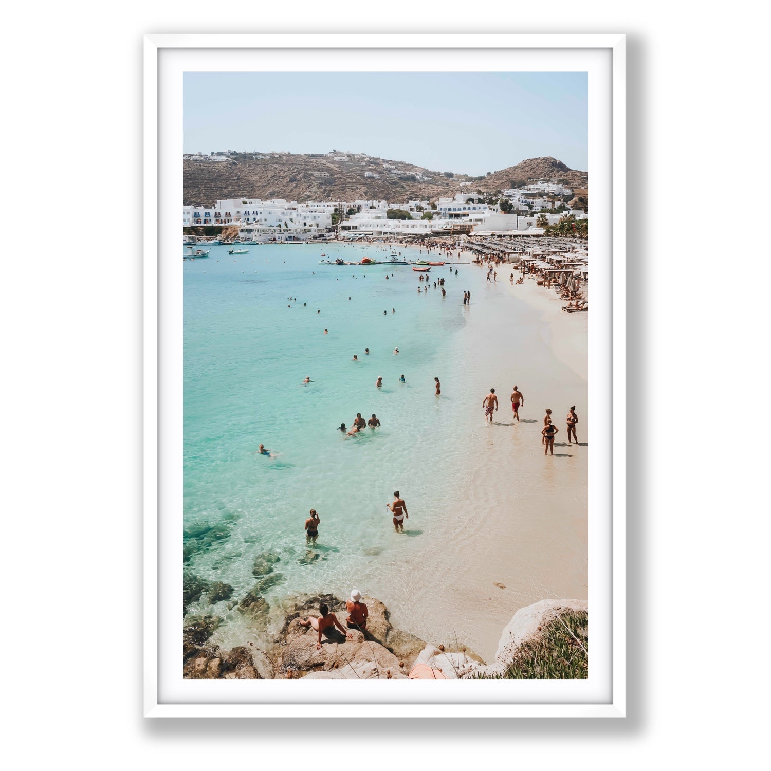 Breathe In The Salty Air Mykonos Greek island wall art Statement fine art print in white frame with matboard