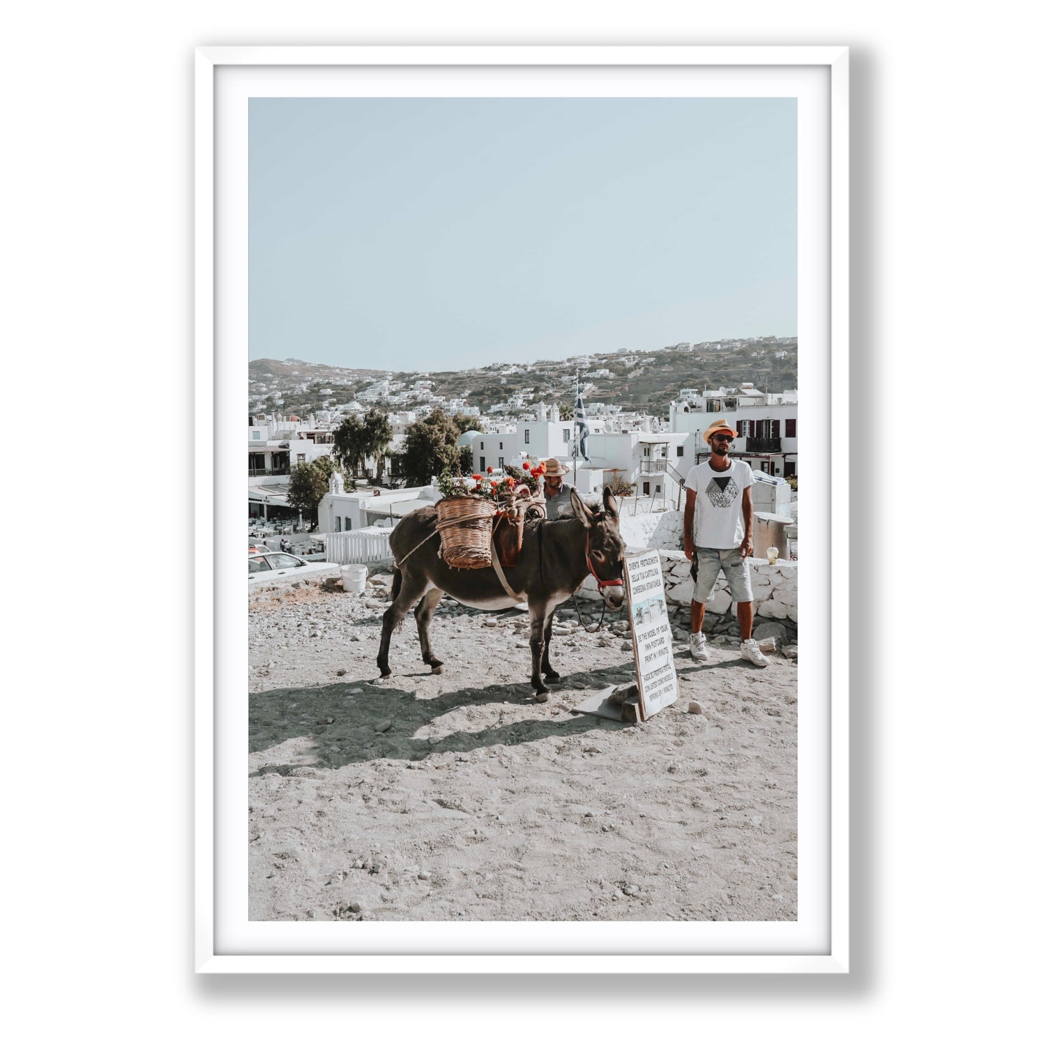 Let The Journey Begin Mykonos Greek island wall art Statement fine art print in white frame with matboard