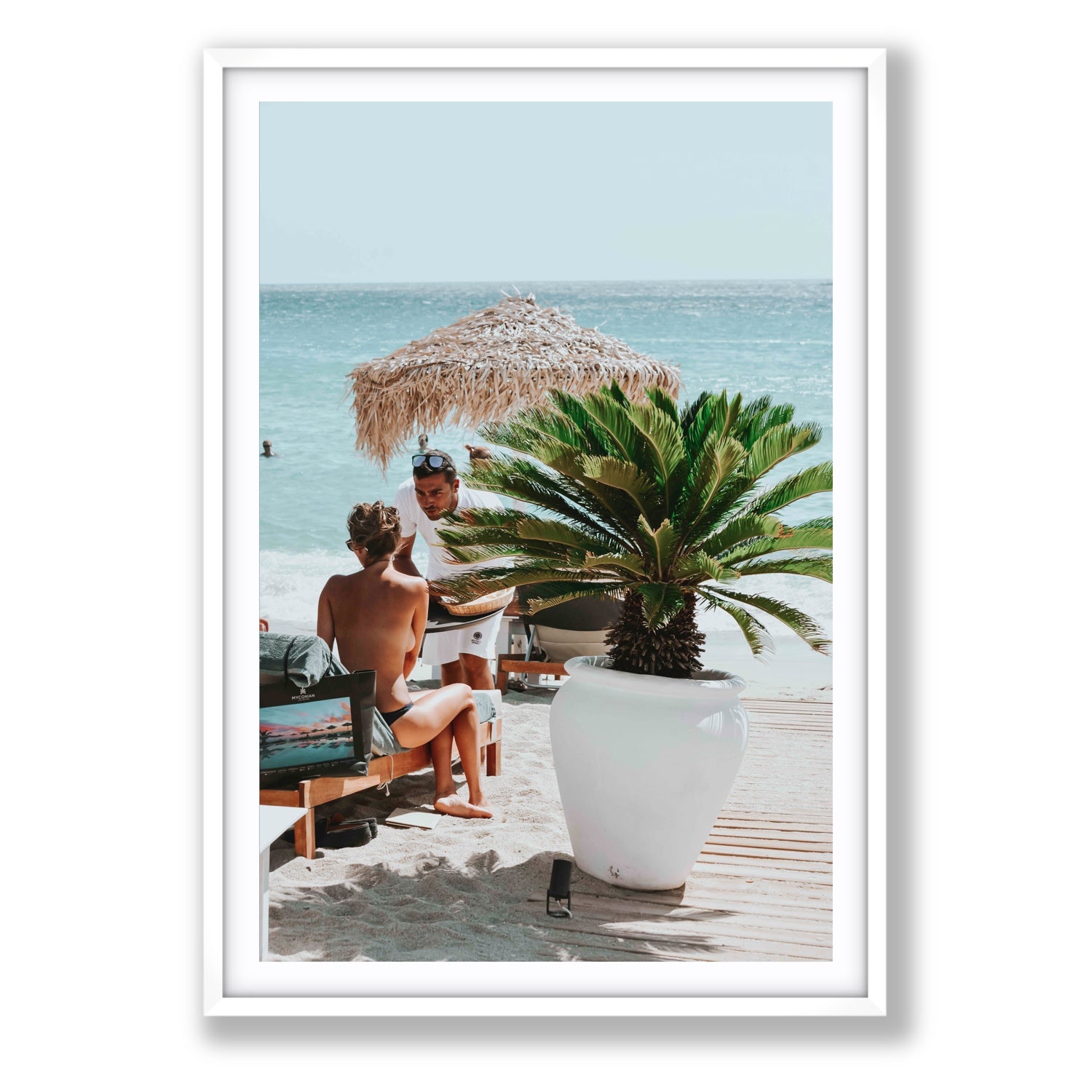 At Your Service Mykonos Greek island wall art Statement fine art print in white frame with matboard