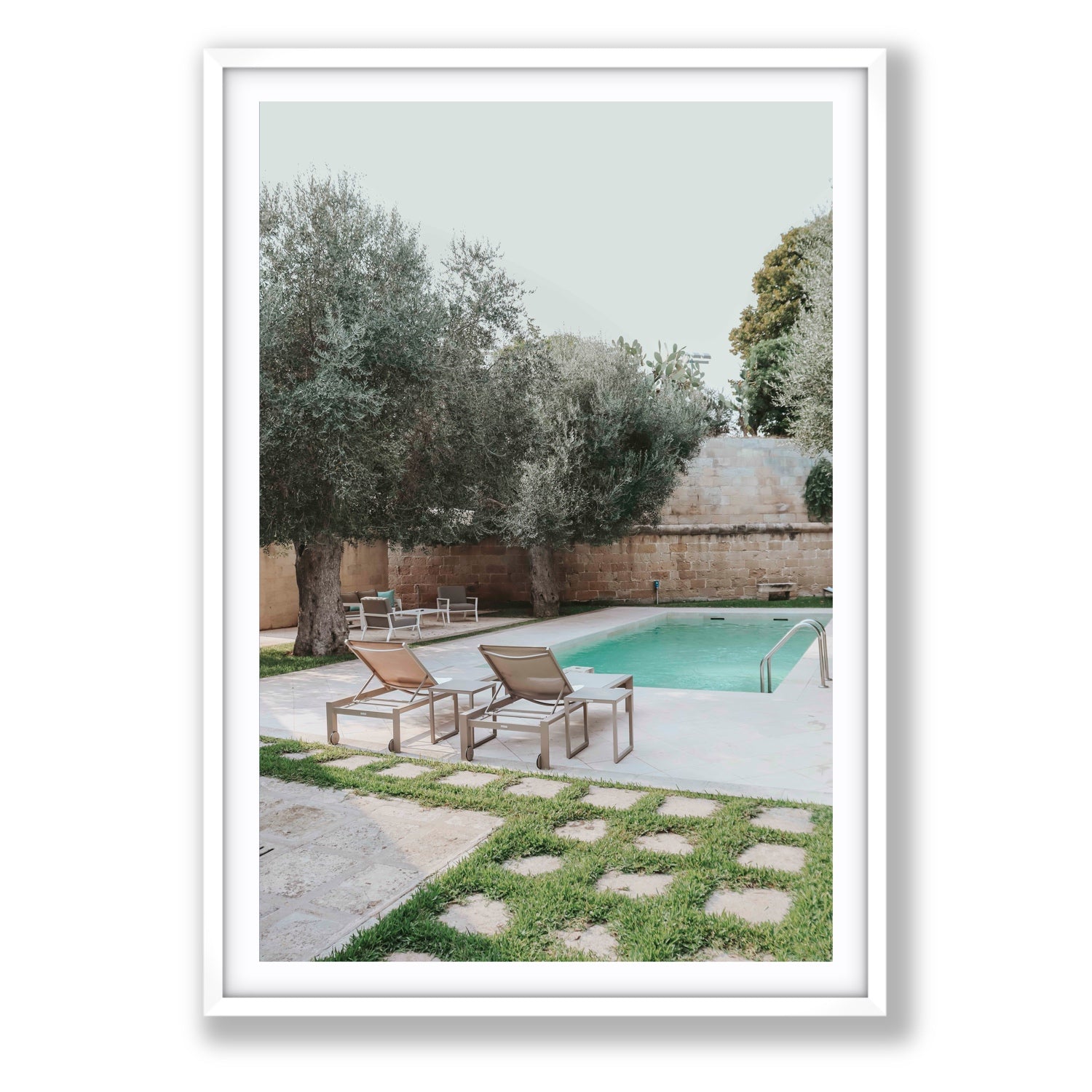 Olive Oasis Puglia Mediterranean wall art Statement fine art print in white frame with matboard