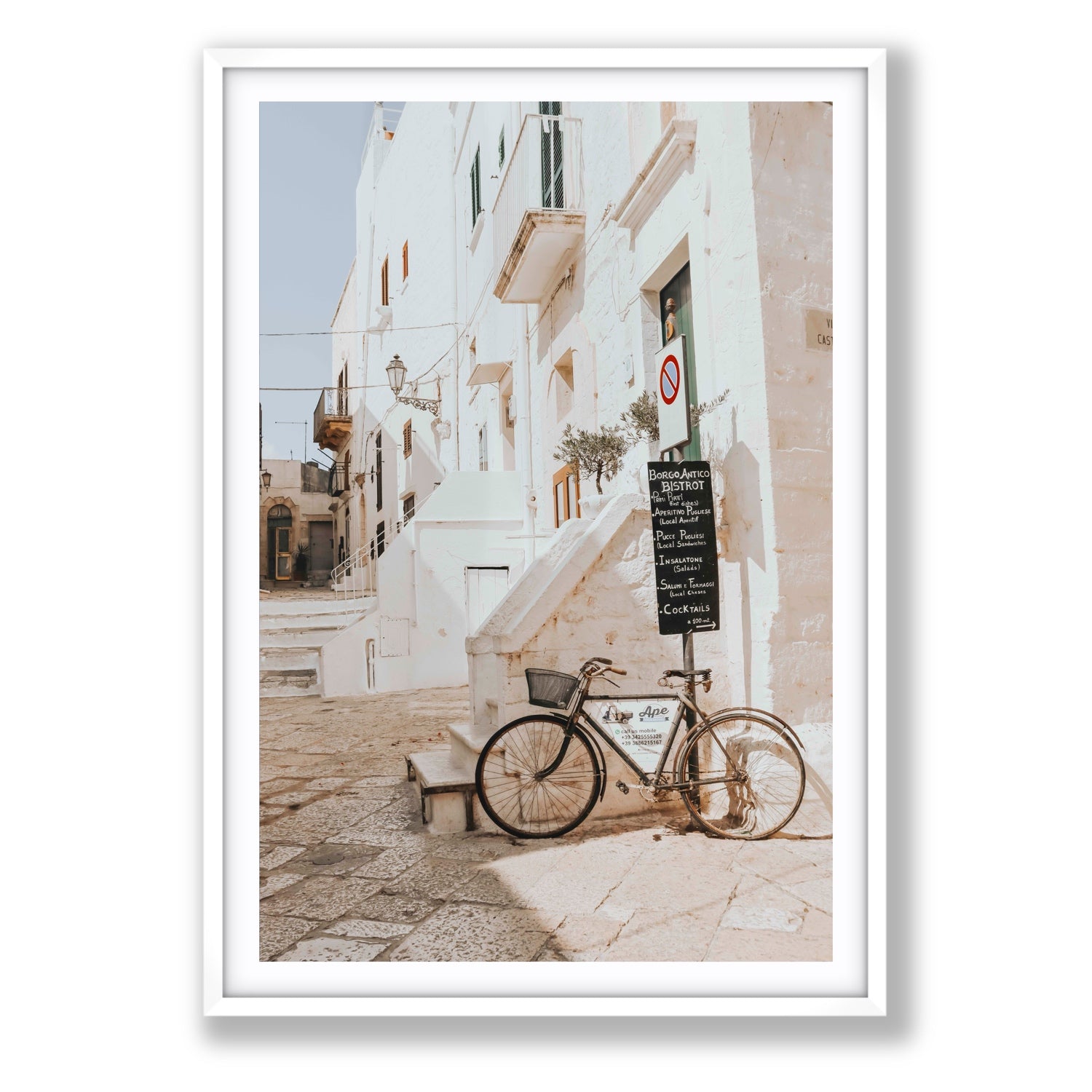La Bicicletta Puglia Ostuni wall art Statement fine art print in white frame with matboard