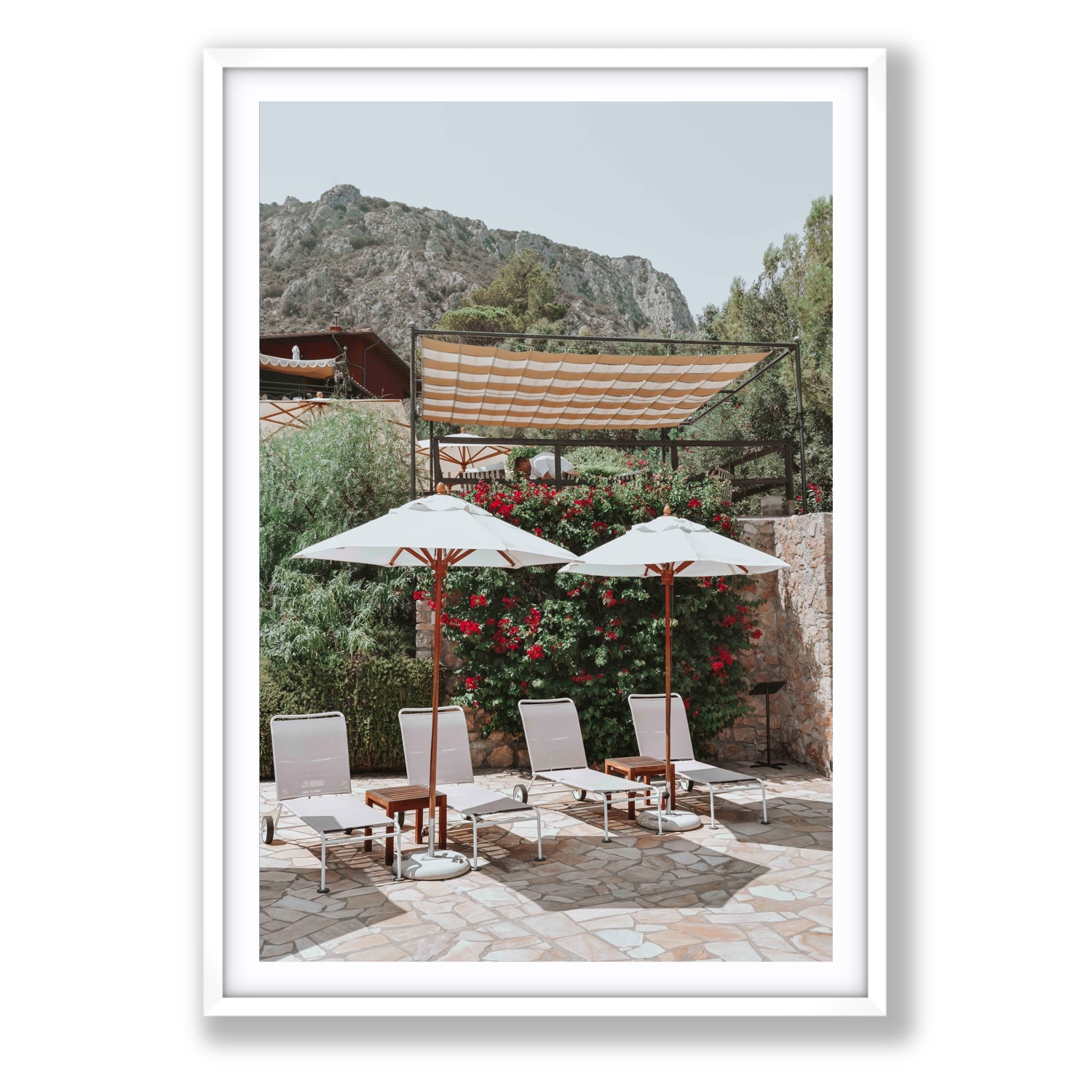Shades of Leisure Tuscany coastal Italian wall art Statement fine art print in white frame with matboard