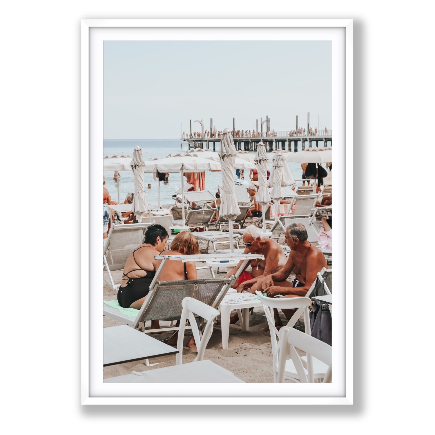 Salted Shuffle fine art print, Alassio, Italy, people and locals artwork, Statement, White Frame · Matboard, Fine Art Print