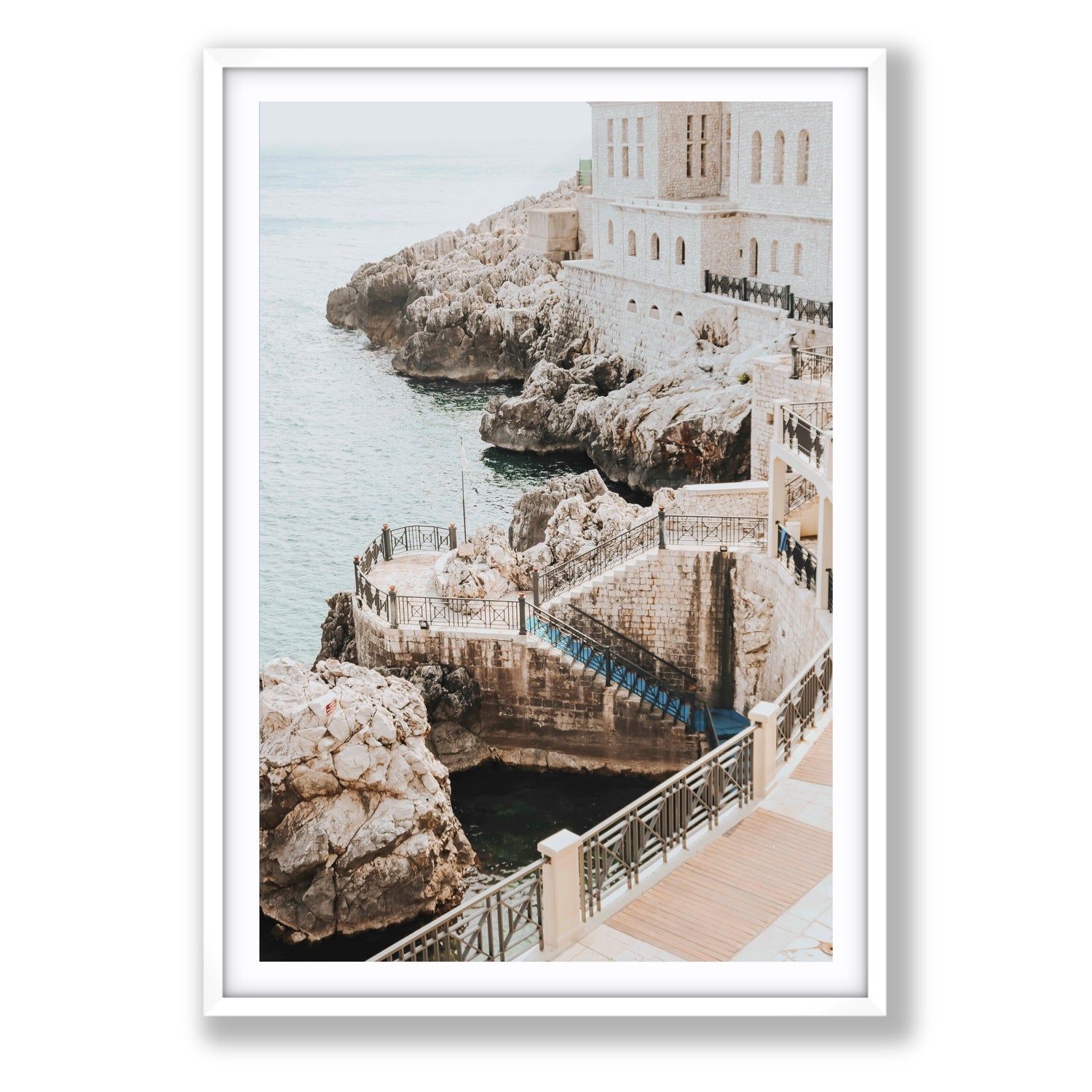 Wellness Centre Puglia coastal wall art Statement fine art print in white frame with matboard