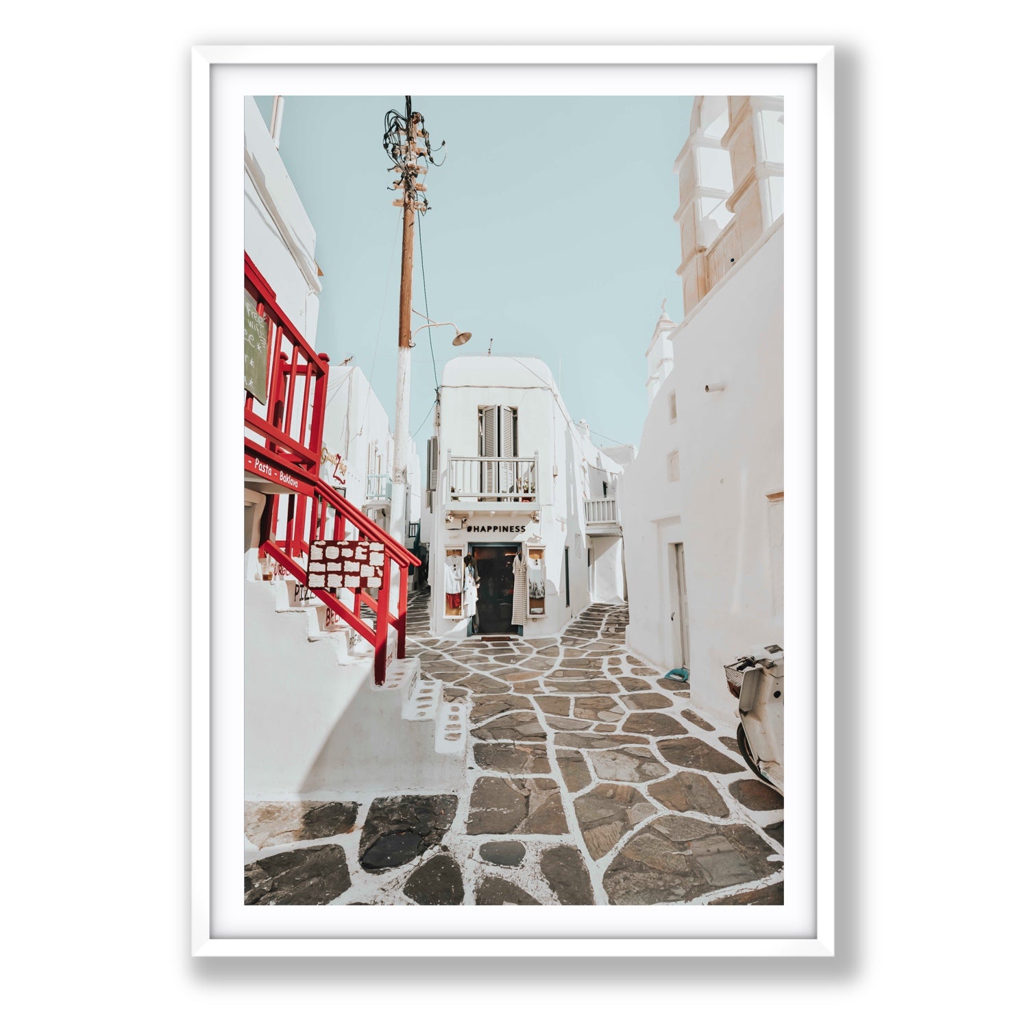 Happiness Mykonos Greek island wall art Statement fine art print in white frame with matboard