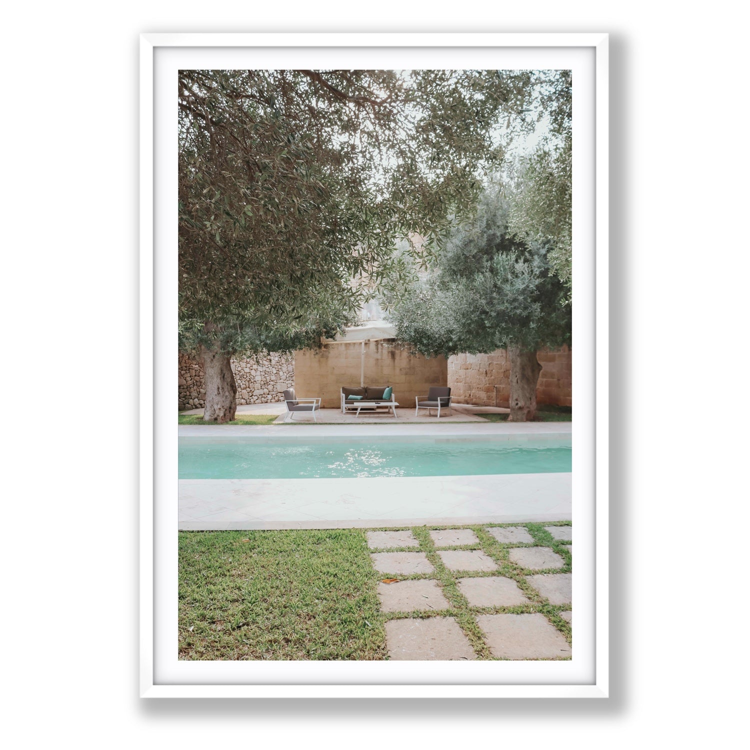 Idyllic Escape Puglia Mediterranean wall art Statement fine art print in white frame with matboard