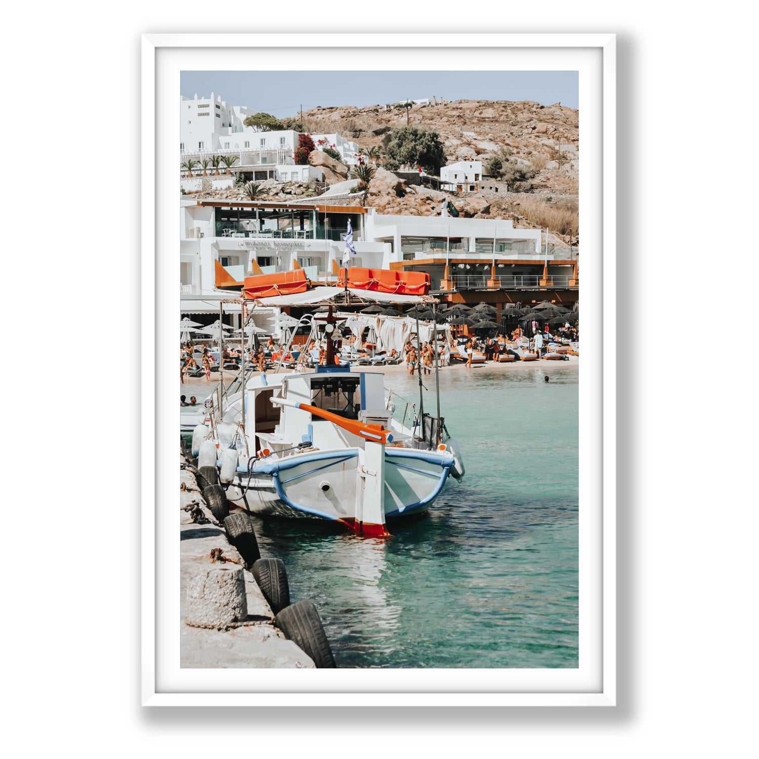 Travel In Style Mykonos Greek island wall art Statement fine art print in white frame with matboard