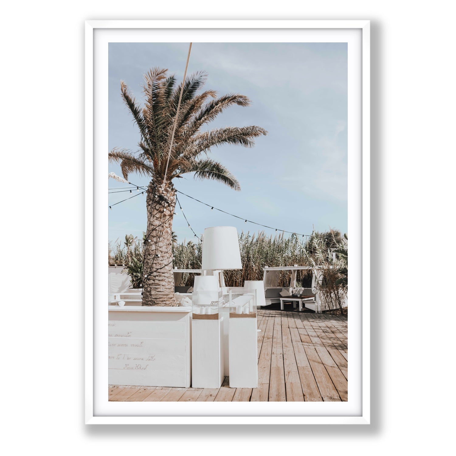 Seabreeze Palm Puglia coastal beach wall art Statement fine art print in white frame with matboard