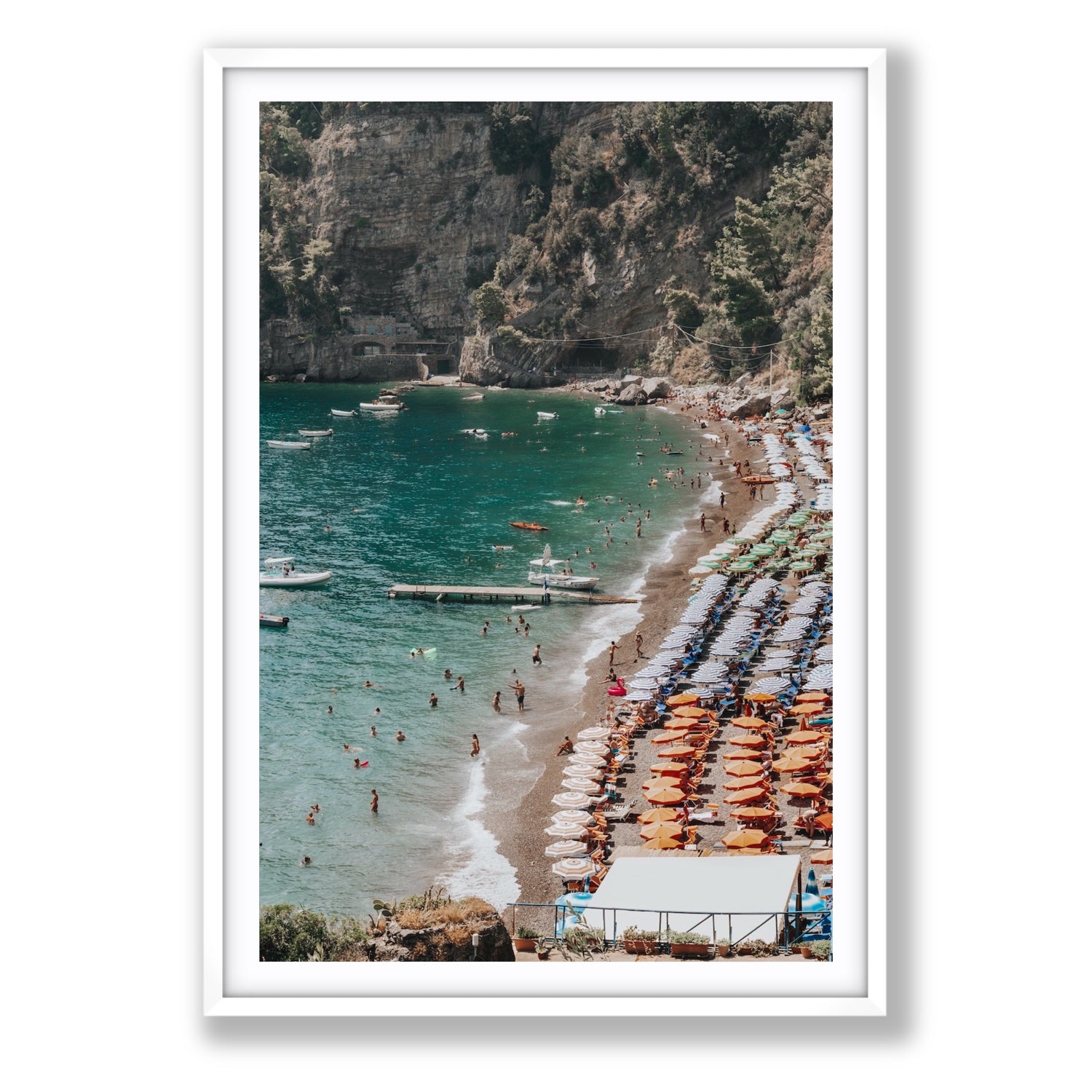 Parasol Panorama fine art print, Positano, Italy, Statement, White Frame · Matboard, Fine Art Print