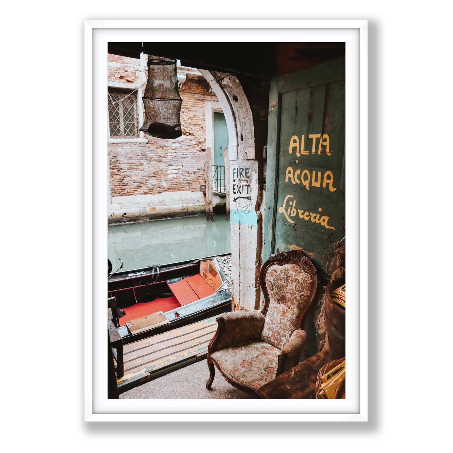 Alta Acqua Venice Bookstore wall art Statement fine art print in white frame with matboard