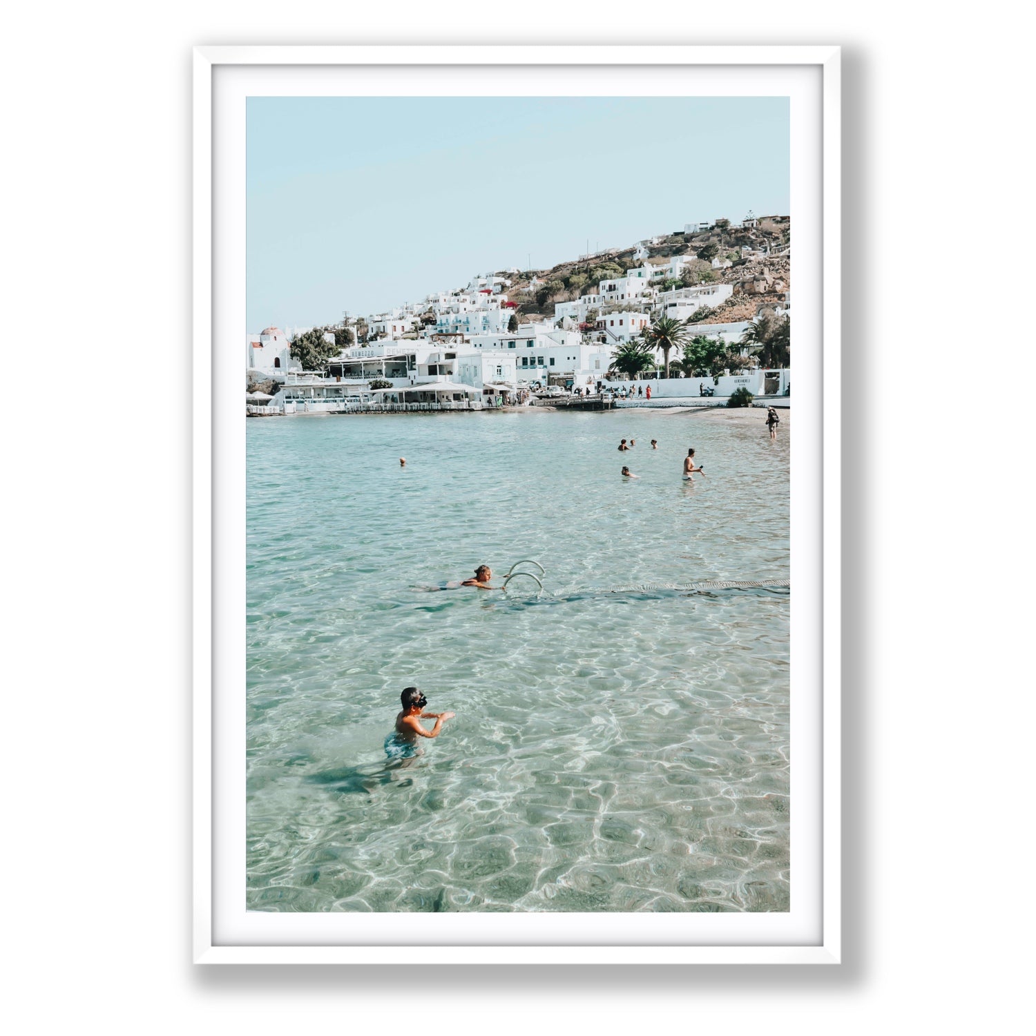 Beside The Seaside Mykonos beach Greek island wall art Statement fine art print in white frame with matboard
