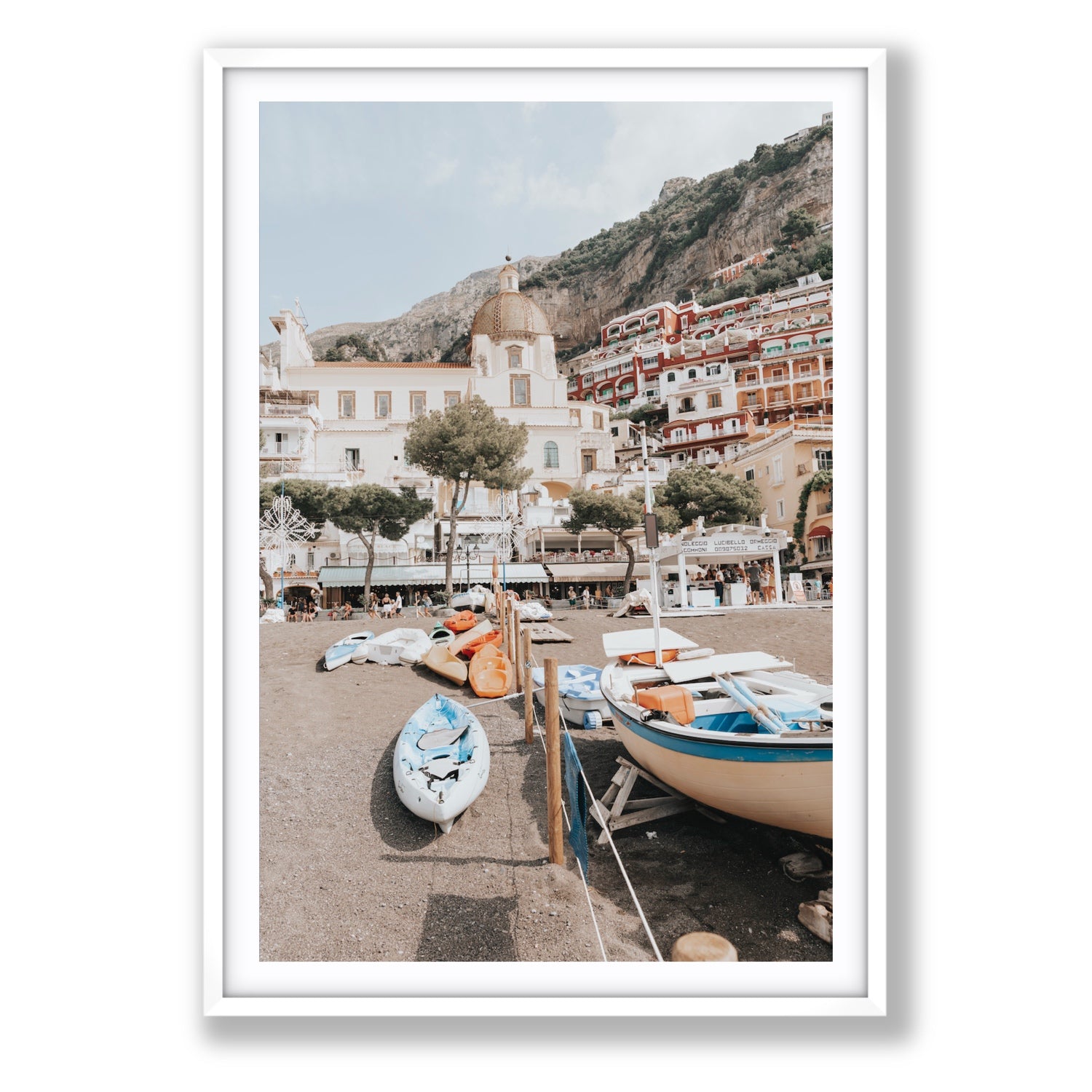 Seaside Hues Positano wall art Statement fine art print in white frame with matboard