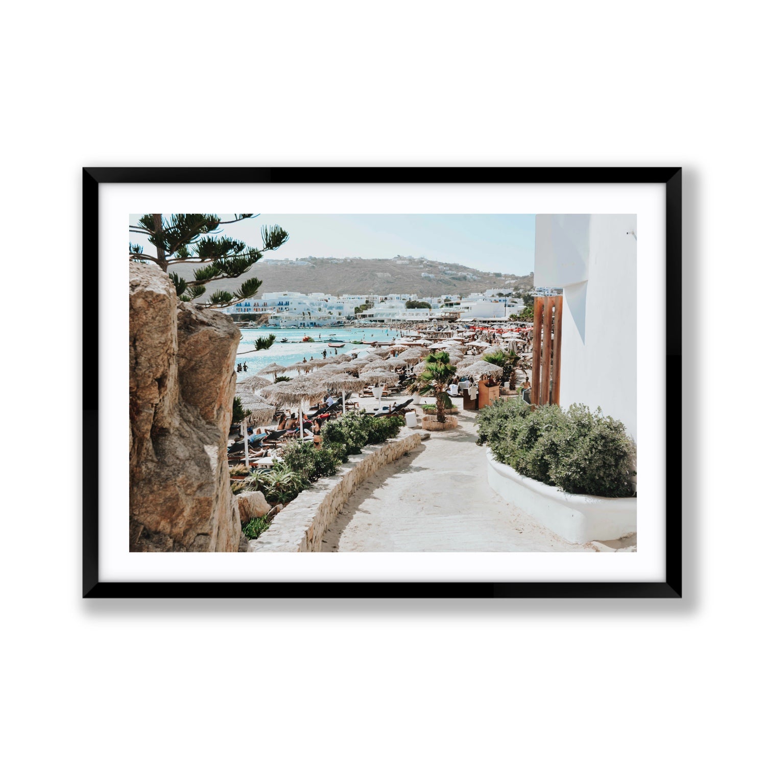 Kalimera Mykonos Greek island wall art Giant fine art print in black frame with matboard