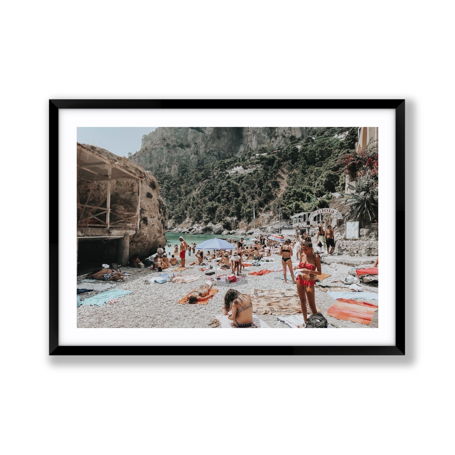 Spiaggia Da Gioia Capri beach coastal wall art Giant fine art print in black frame with matboard