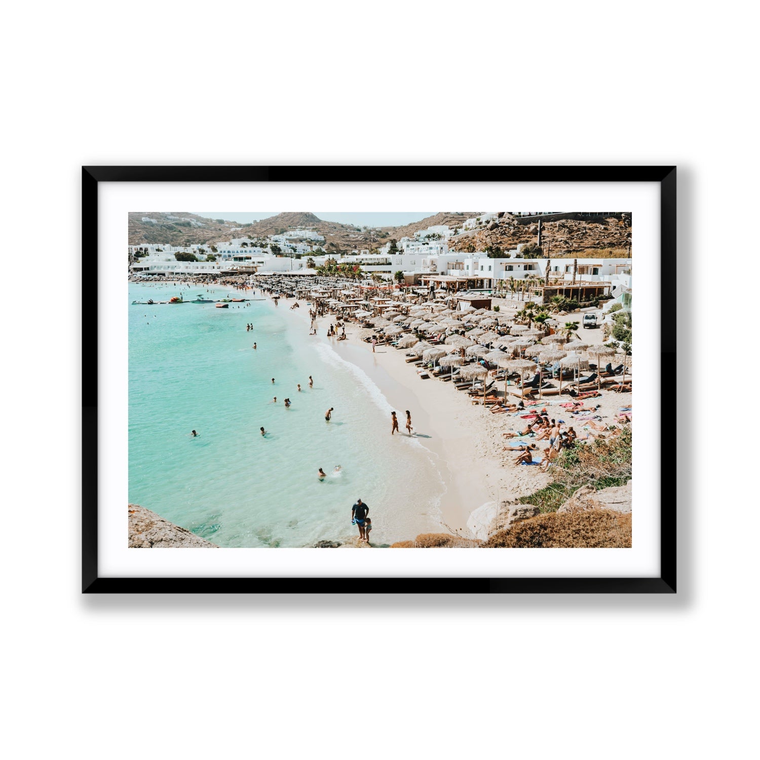 Aquaholic Mykonos Greek island wall art Giant fine art print in black frame with matboard