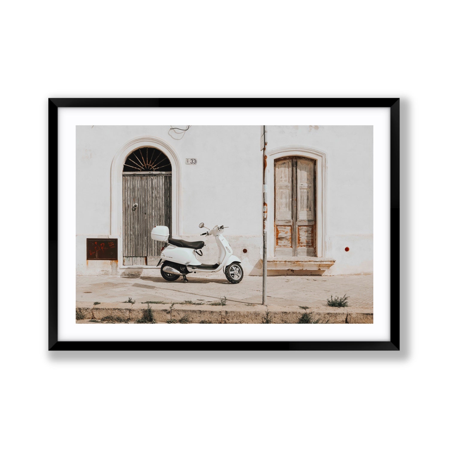 Vespa Nostalgia Puglia Italian wall art Giant fine art print in black frame with matboard