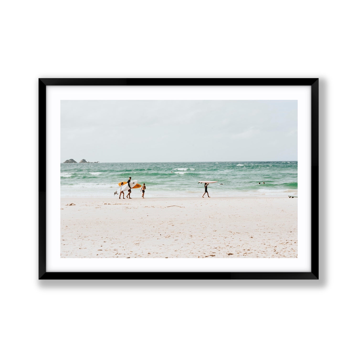 La Famiglia Byron Bay Family Surf coastal wall art Giant fine art print in black frame with matboard
