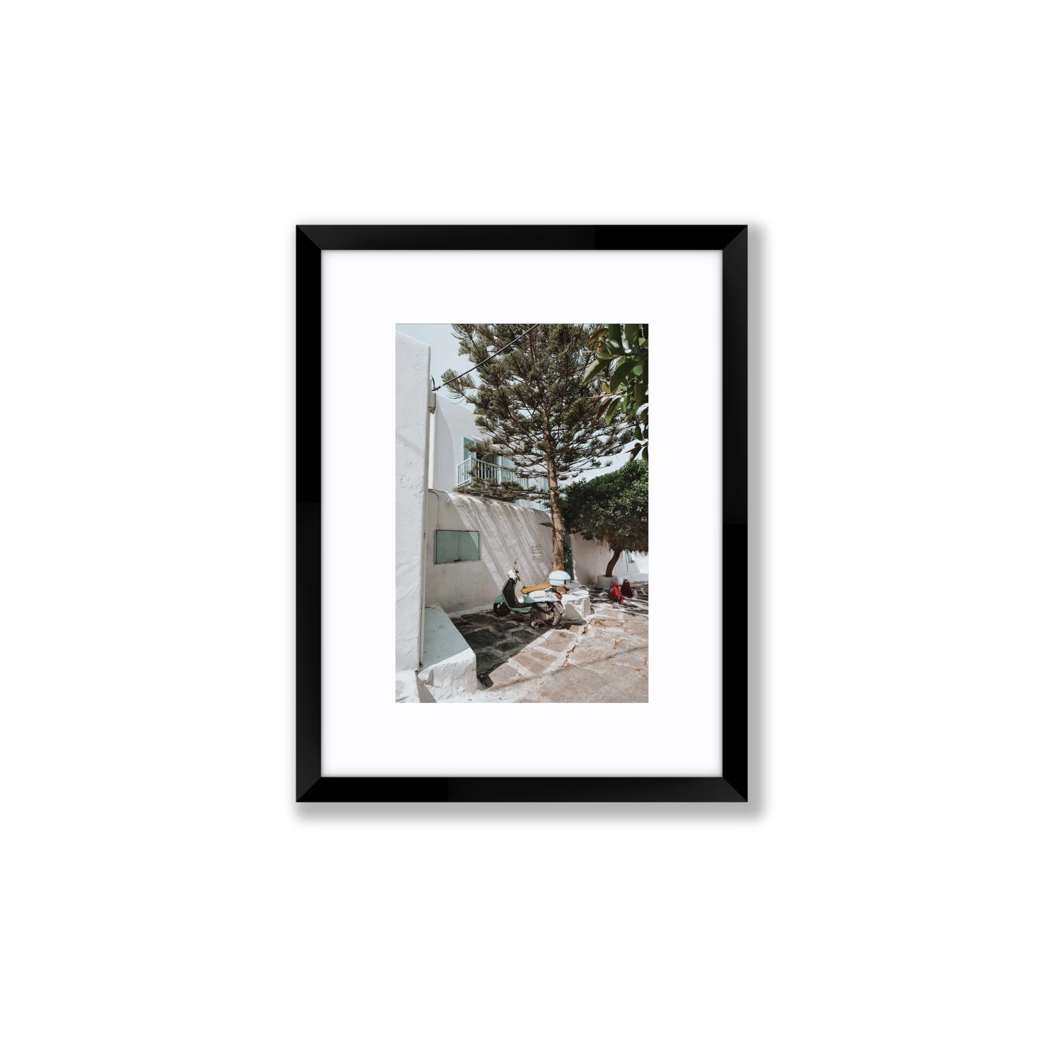 The Getaway Mykonos Mediterranean Greek island art print Small fine art print in black frame with matboard
