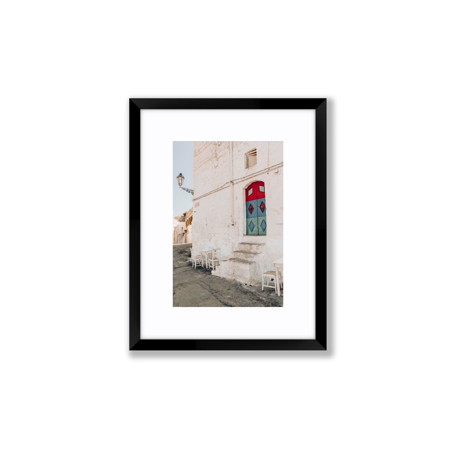 Doorway Delight Puglia Ostuni wall art Small fine art print in black frame with matboard