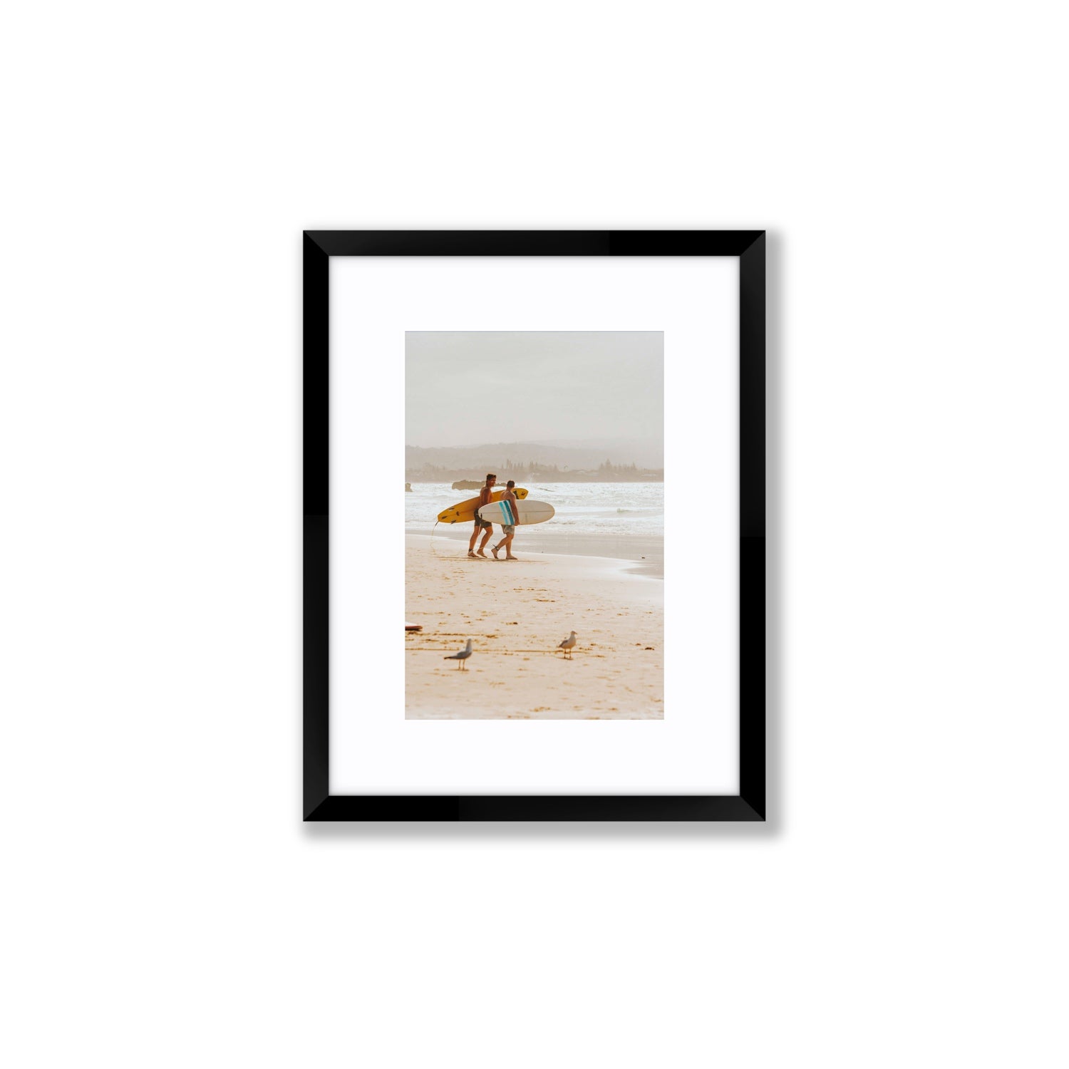 Shane & Benji Byron Bay Surf coastal wall art Small fine art print in black frame with matboard