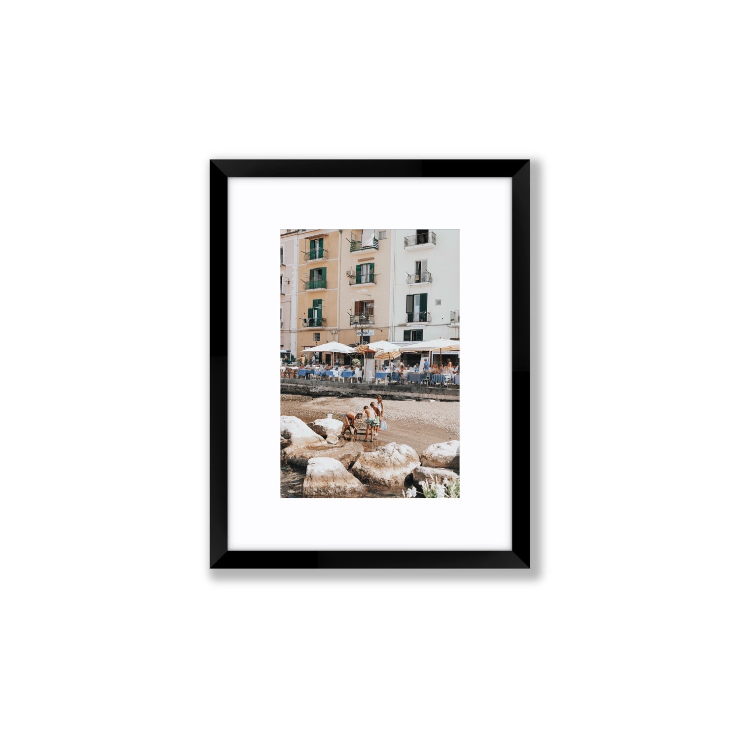 Sunny Playtime Sorrento coastal wall art Small fine art print in black frame with matboard