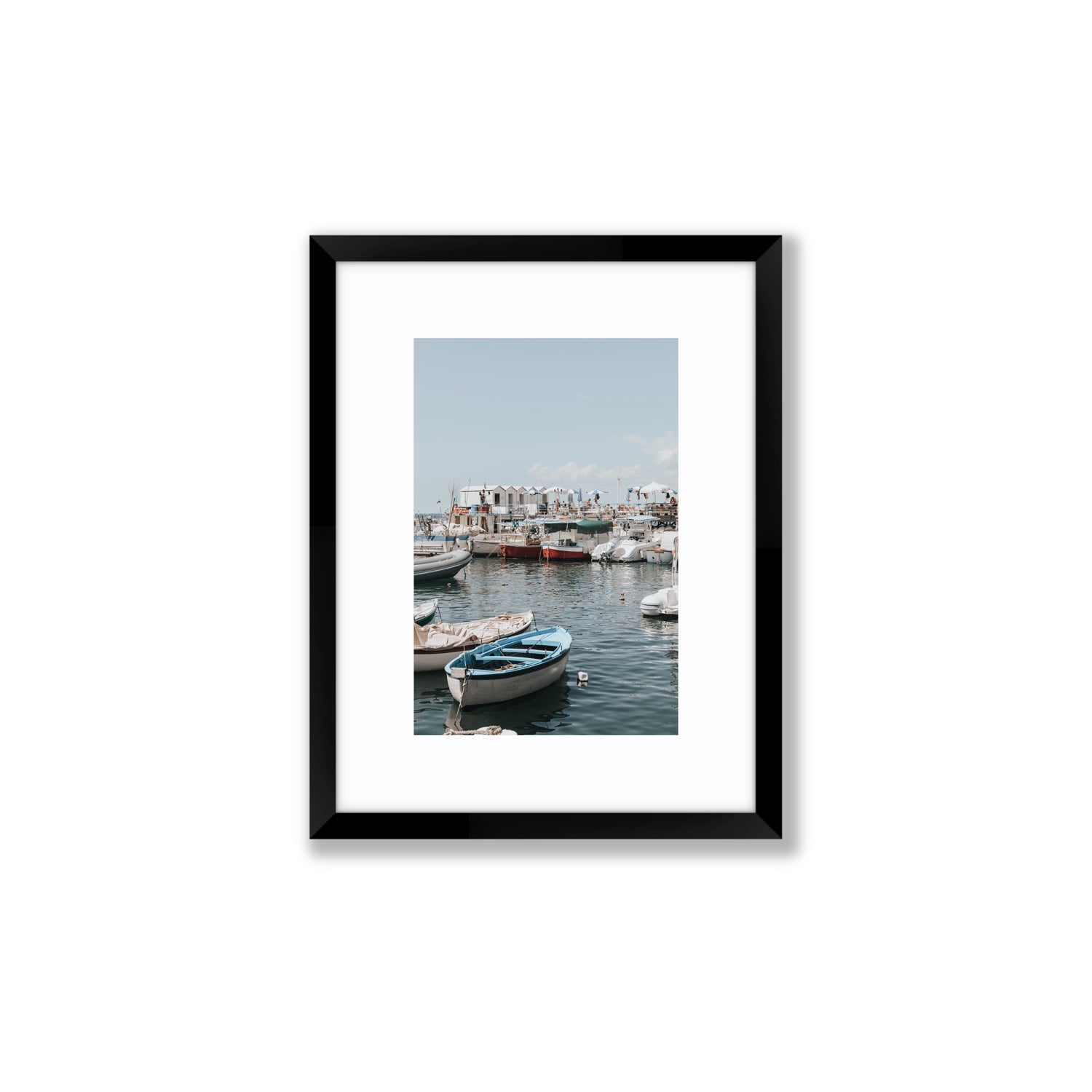 Harbour Hues Sorrento coastal Carousel wall art Small fine art print in black frame with matboard