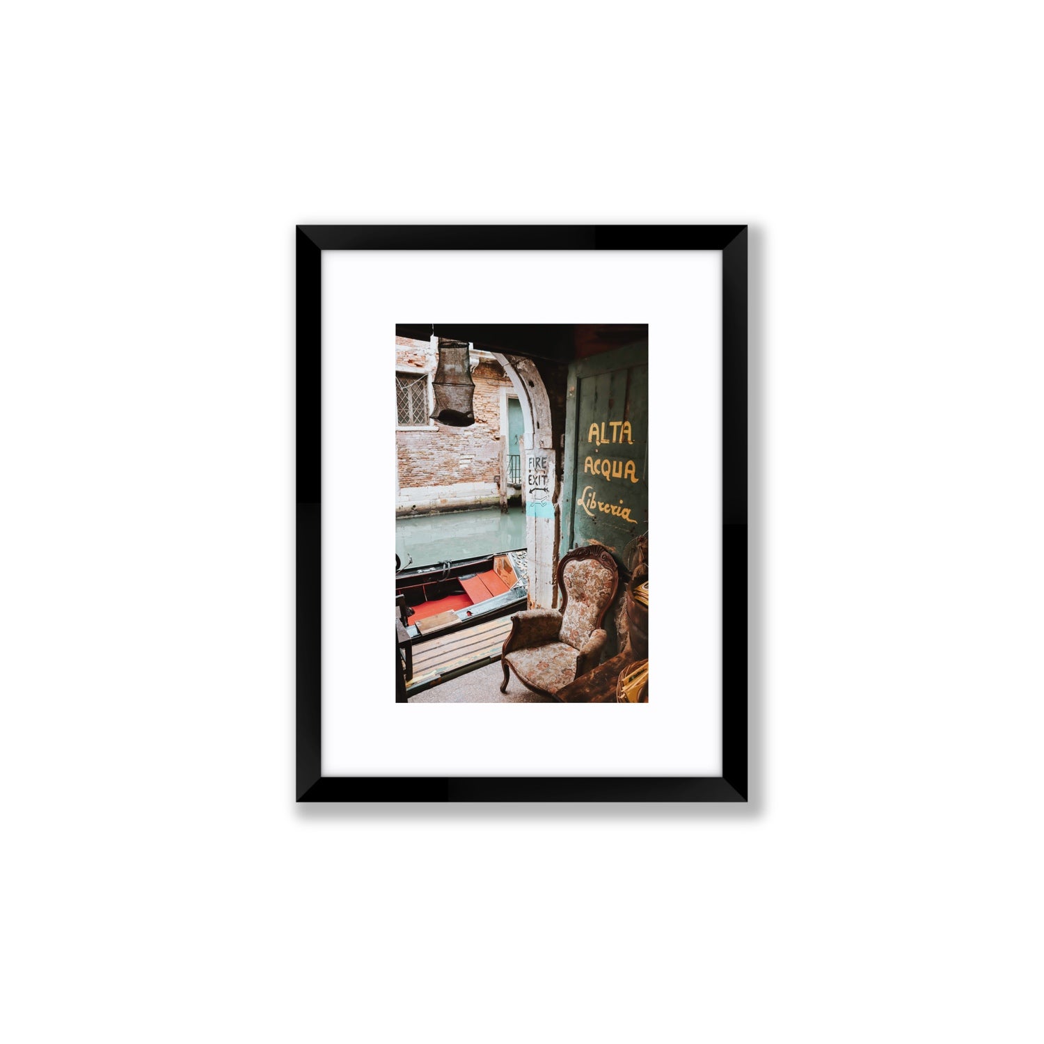 Alta Acqua Venice Bookstore wall art Small fine art print in black frame with matboard