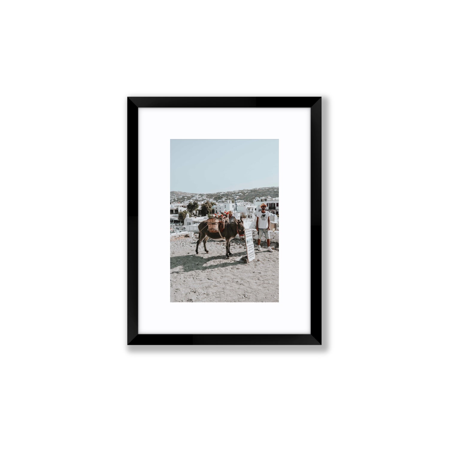 Let The Journey Begin Mykonos Greek island wall art Small fine art print in black frame with matboard