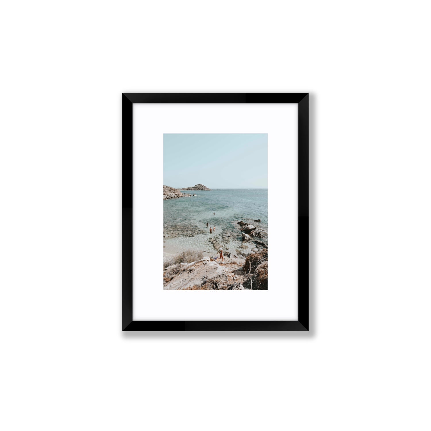 Explorers Mykonos Greek island wall art Small fine art print in black frame with matboard
