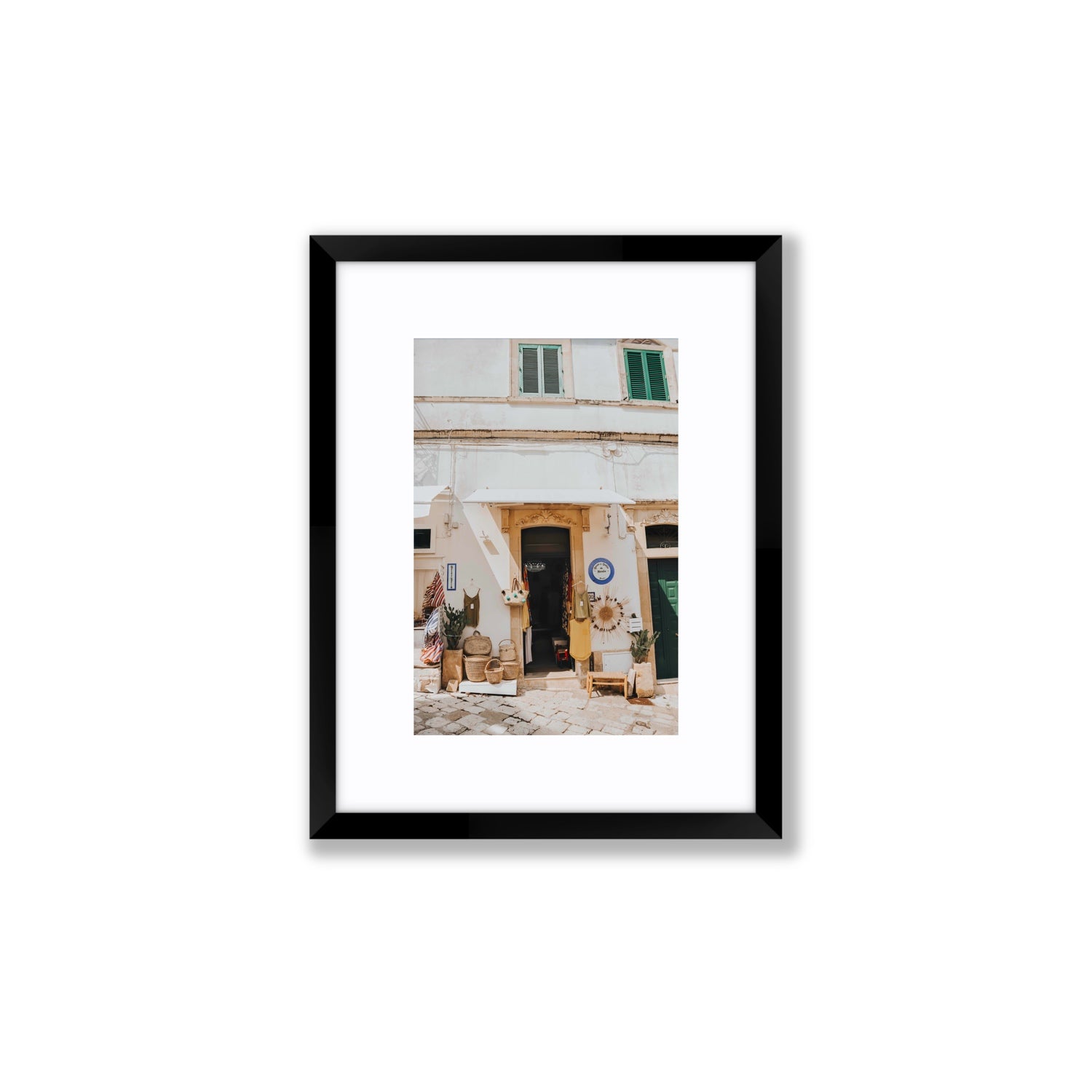 Artisan Ambience Puglia Italian wall art Small fine art print in black frame with matboard