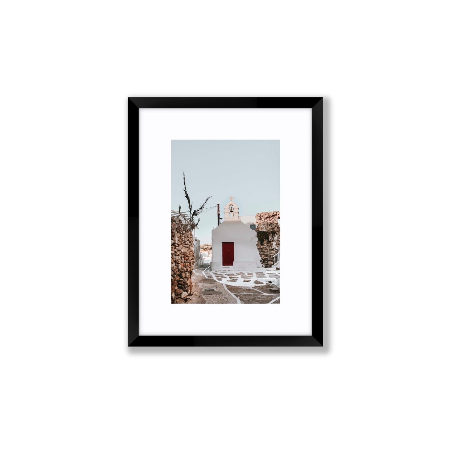Little Chapel Mykonos Greek island wall art Small fine art print in black frame with matboard
