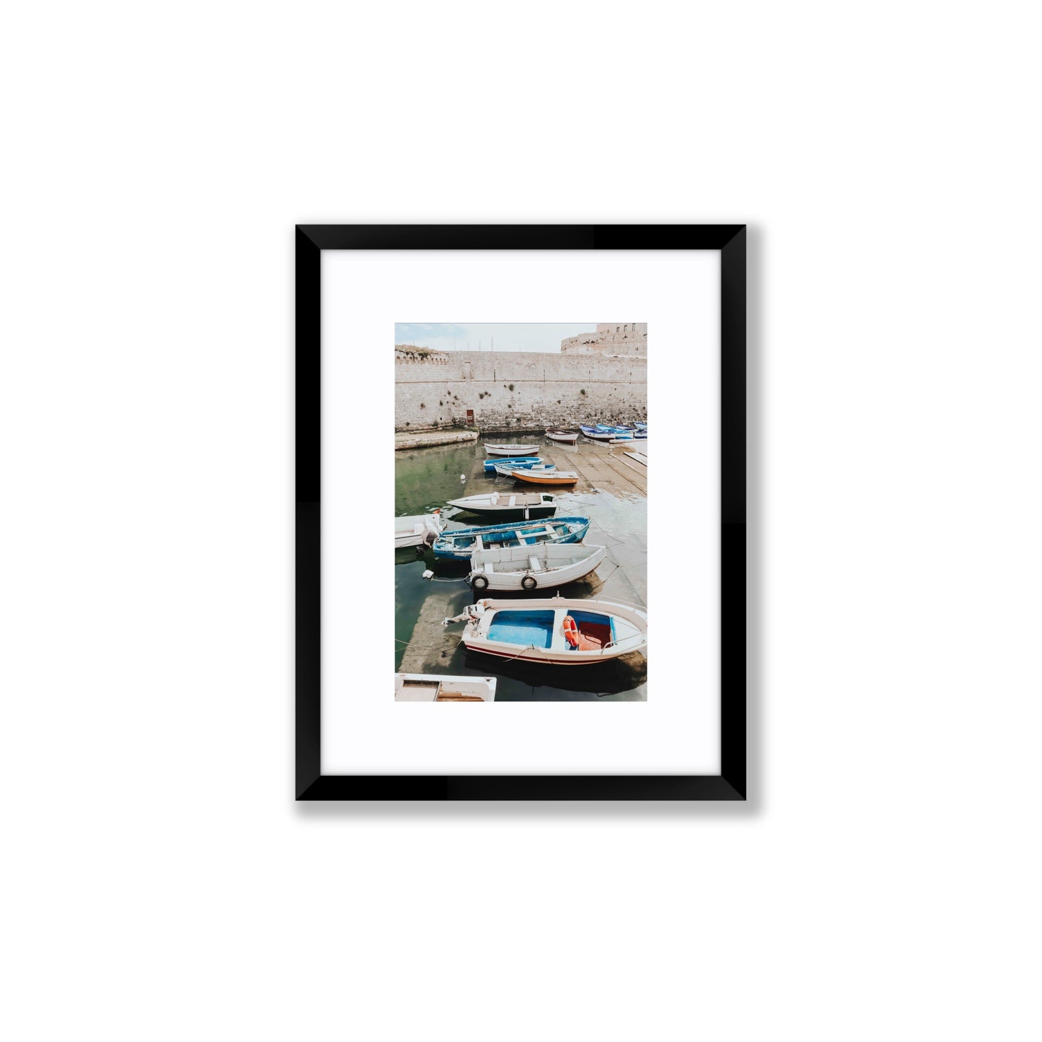Harbour Palette Puglia coastal photography wall art Small fine art print in black frame with matboard