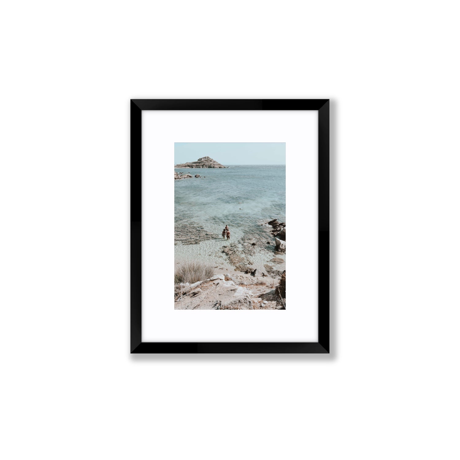 Island Life Mykonos coastal Greek island wall art Small fine art print in black frame with matboard