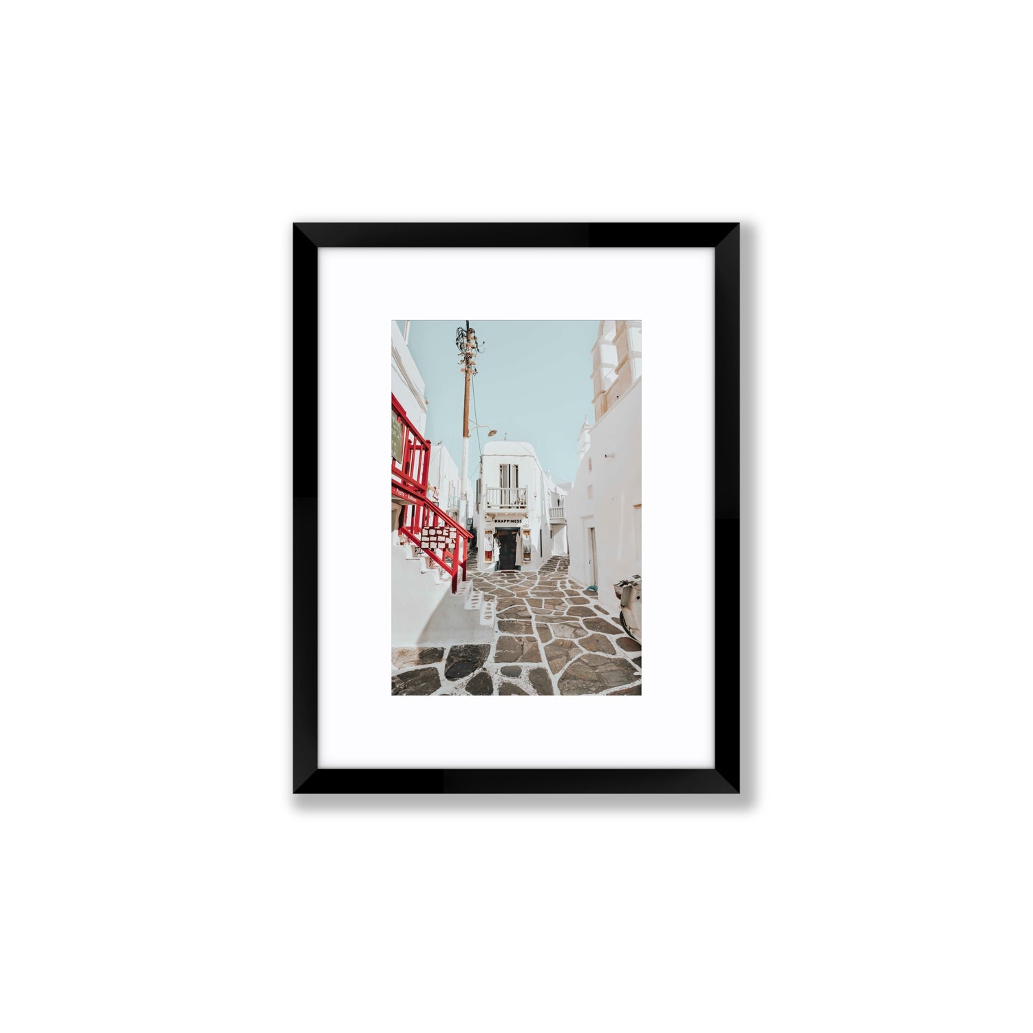 Happiness Mykonos Greek island wall art Small fine art print in black frame with matboard