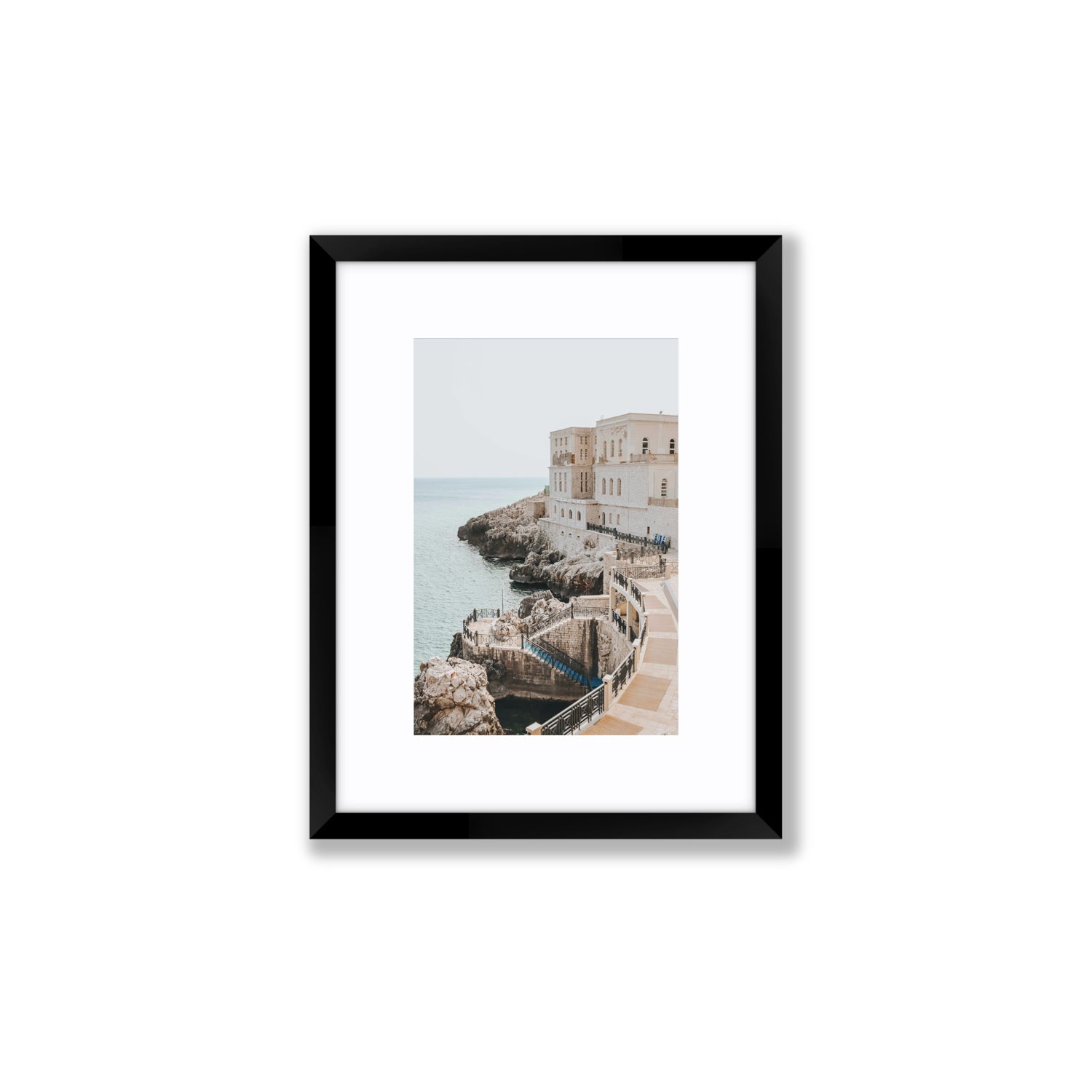 Santa Cesarea Puglia Italian coastal wall art Small fine art print in black frame with matboard