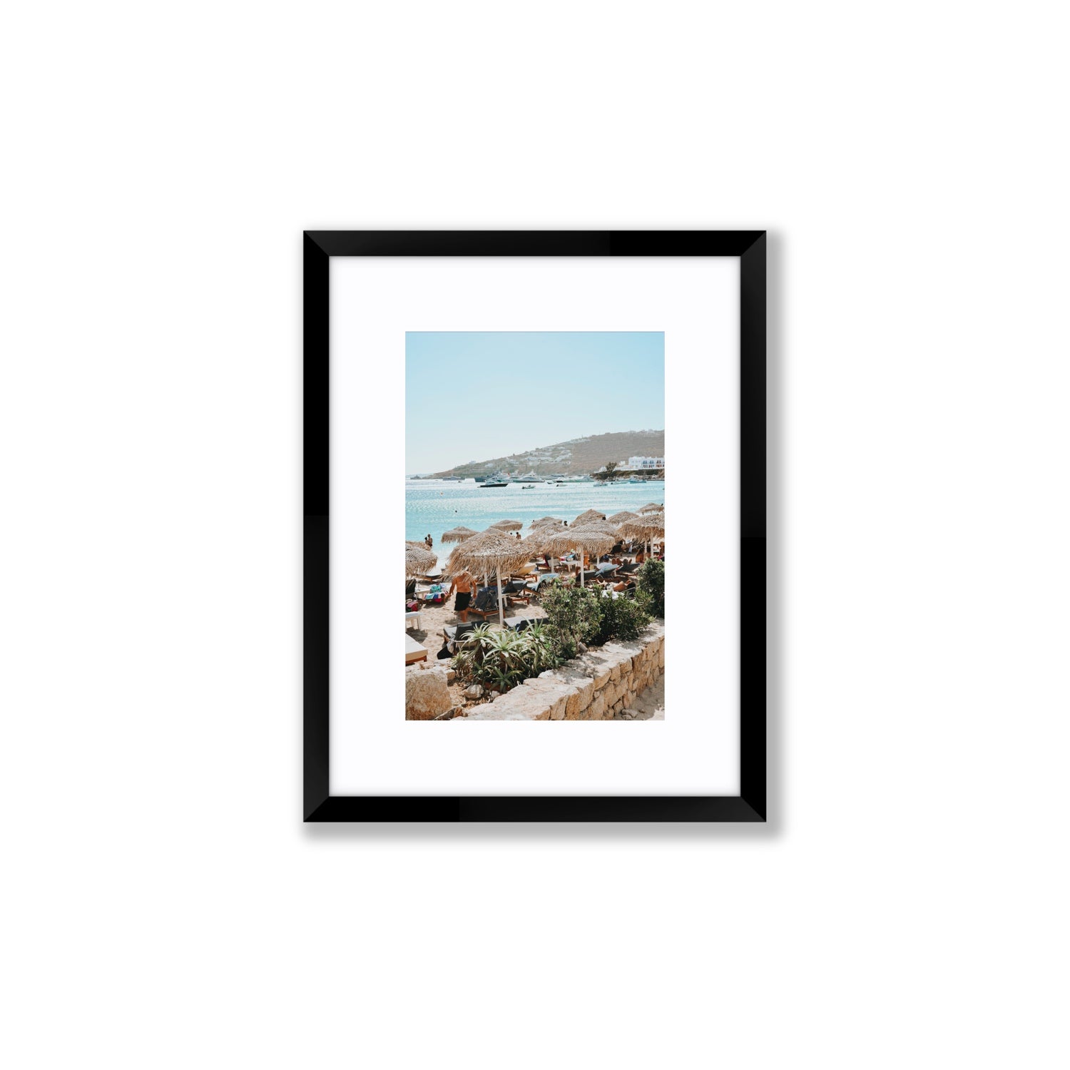 Beachside Huts Mykonos Greek island wall art Small fine art print in black frame with matboard