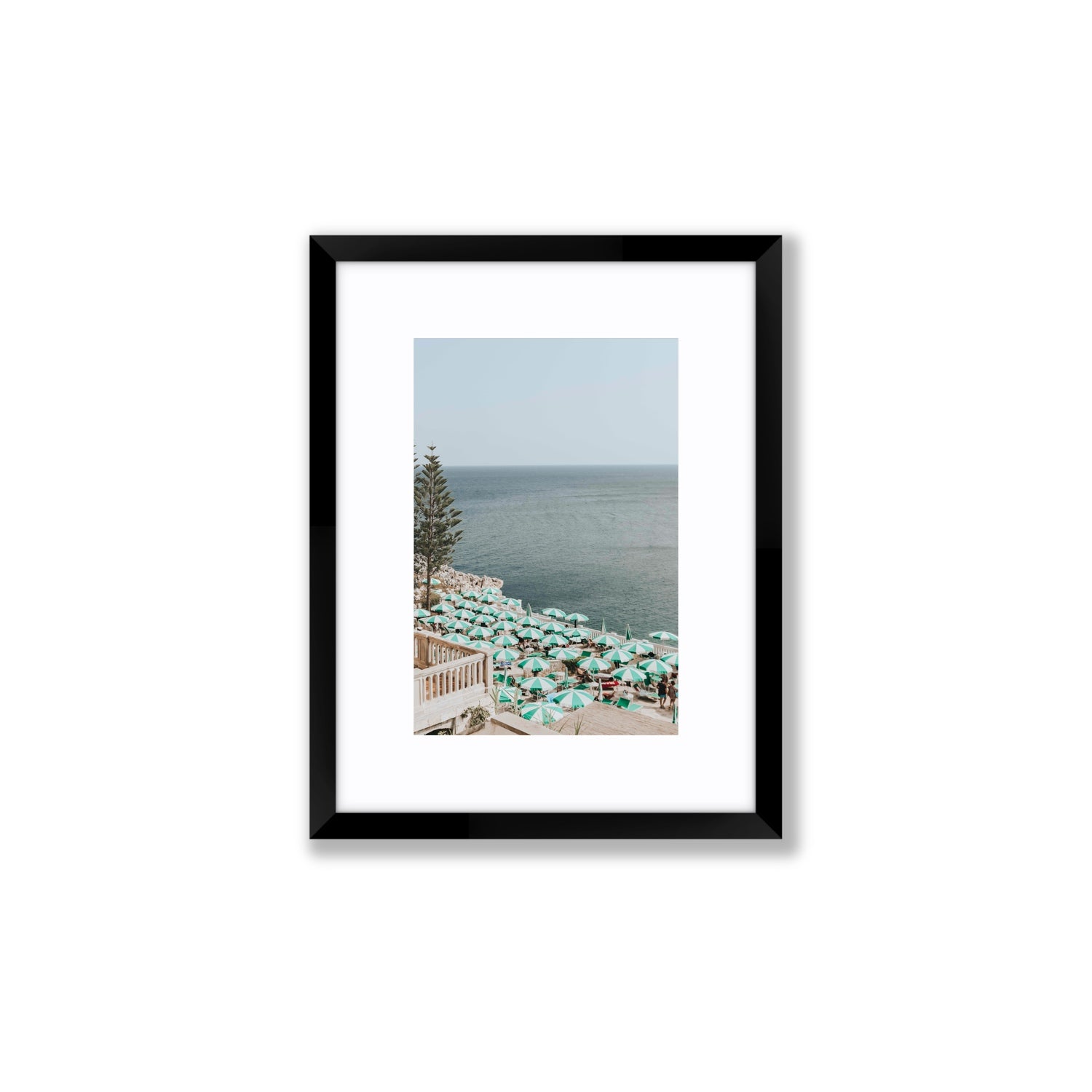 Sun-drenched Stripes Puglia beach coastal wall art Small fine art print in black frame with matboard