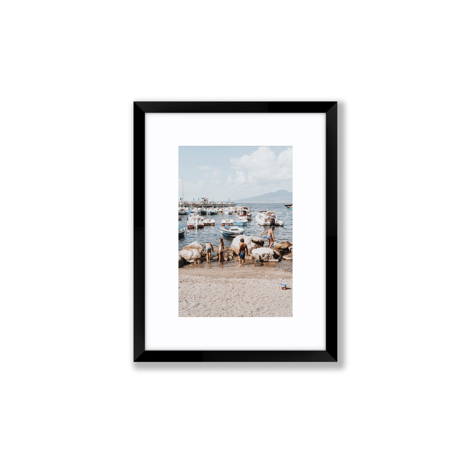 Searching For Treasures Sorrento coastal wall art Small fine art print in black frame with matboard